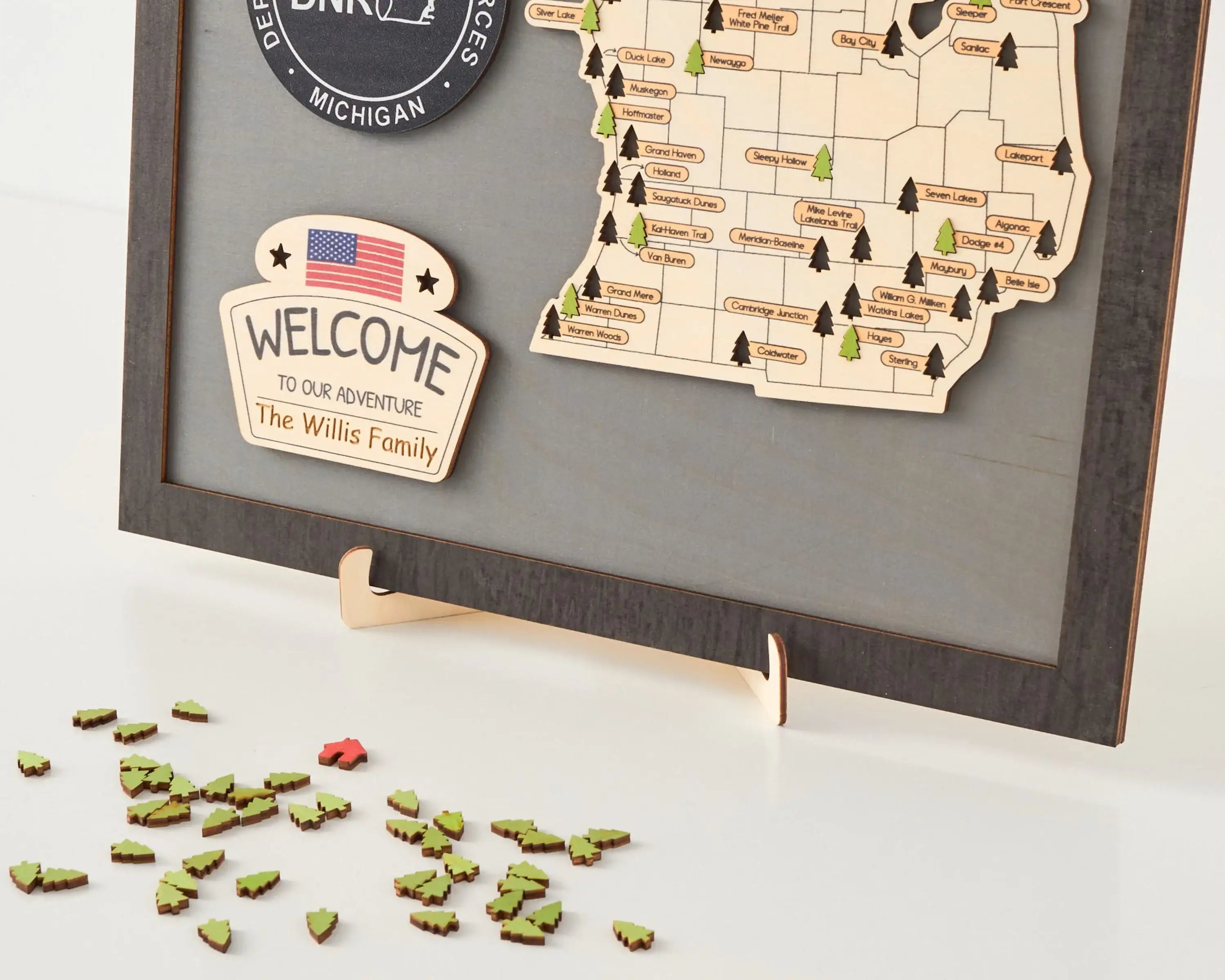 US Wooden Michigan State Parks Map With Trees To Record Park Visits (Light Grey)