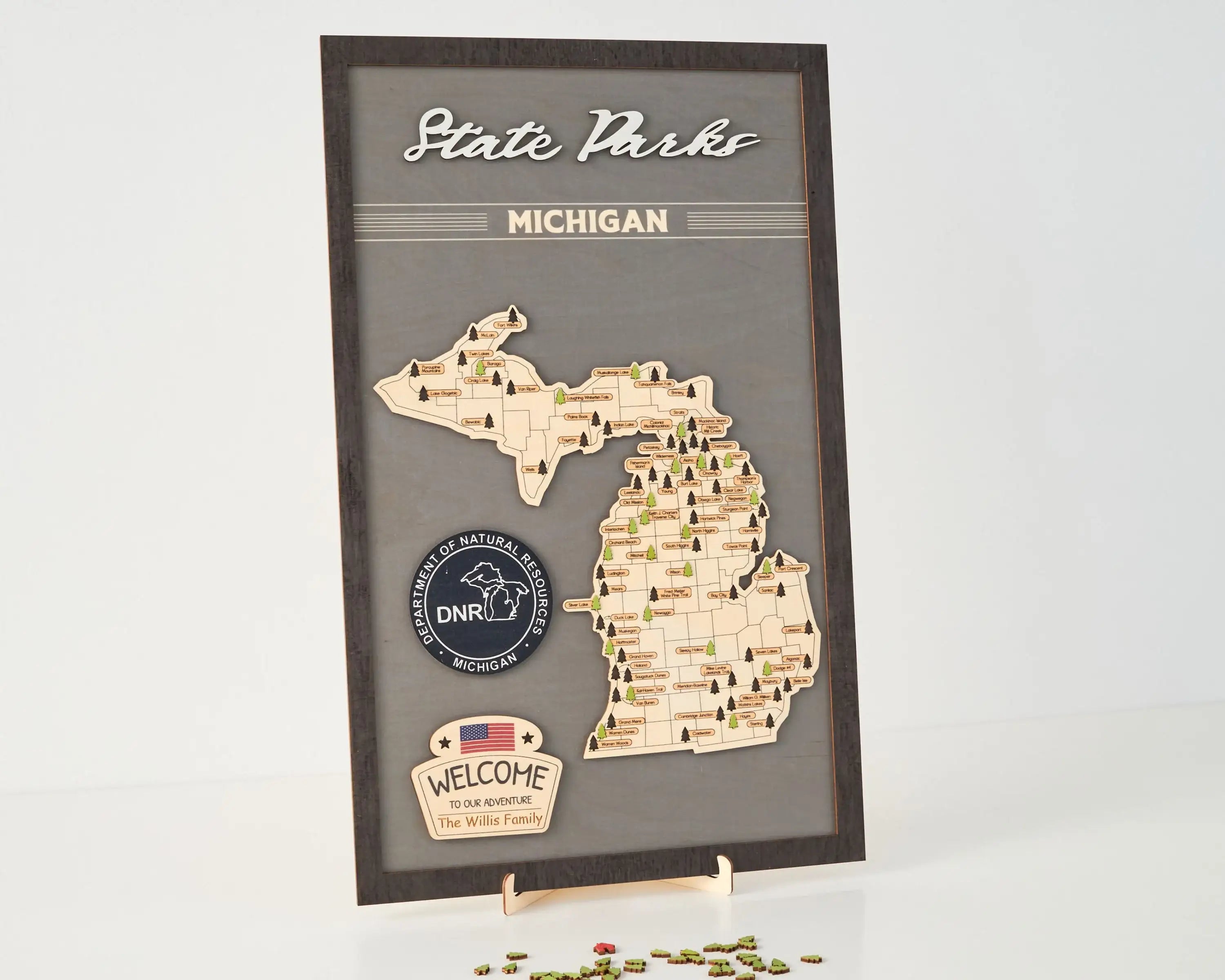 US Wooden Michigan State Parks Map With Trees To Record Park Visits (Light Grey)