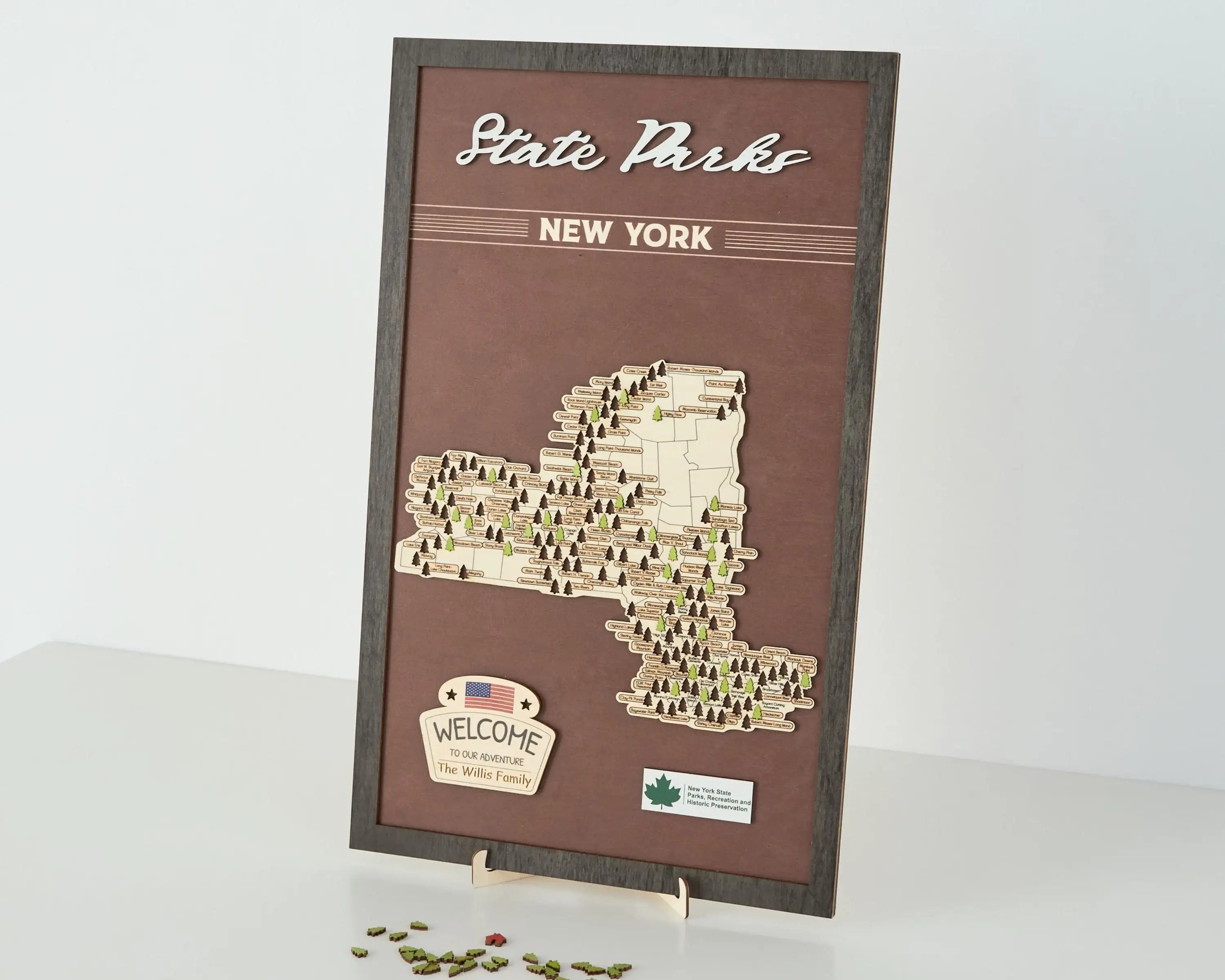 US Wooden New York State Parks Map With Trees To Record Park Visits (Coffee)