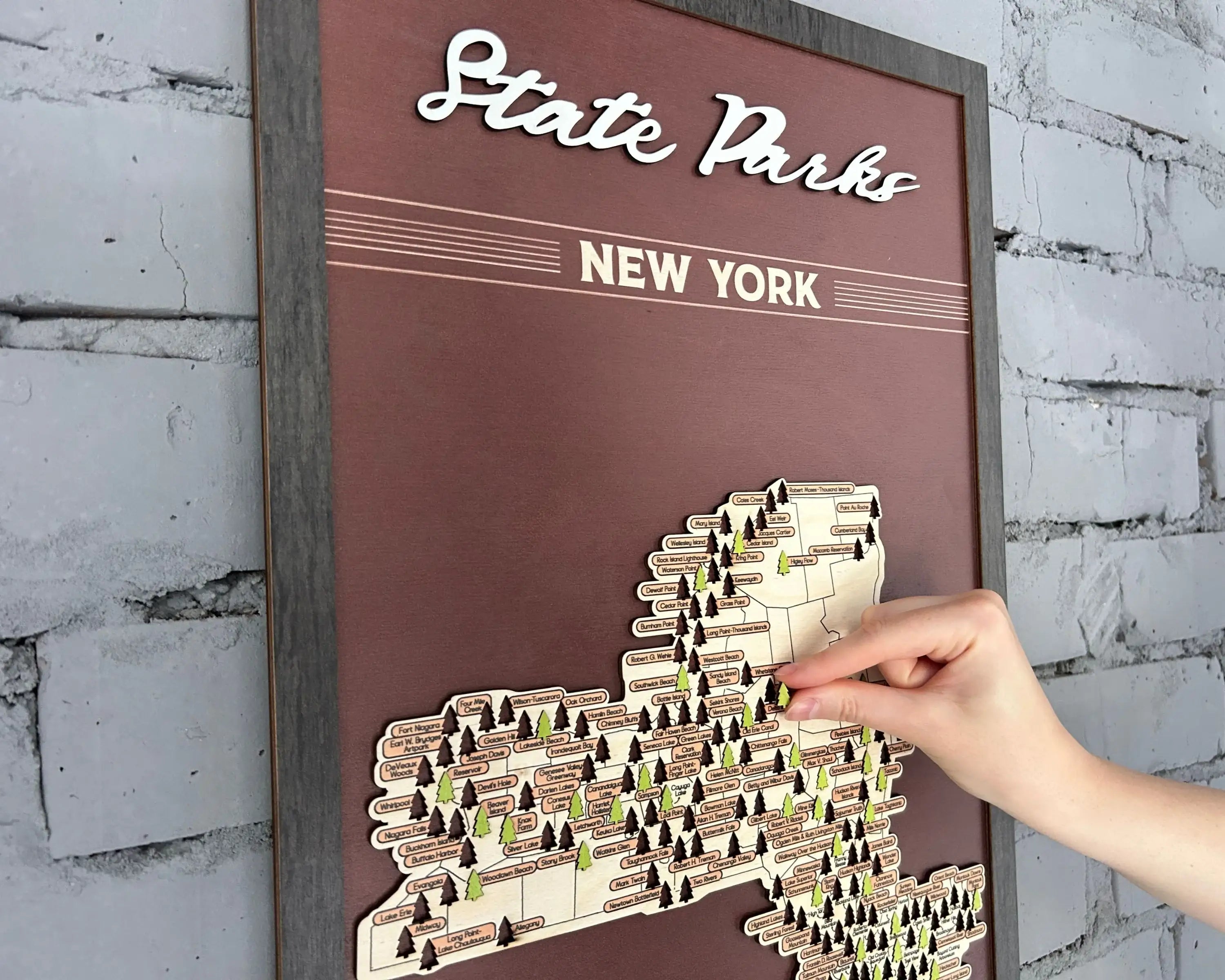 US Wooden New York State Parks Map With Trees To Record Park Visits (Coffee)