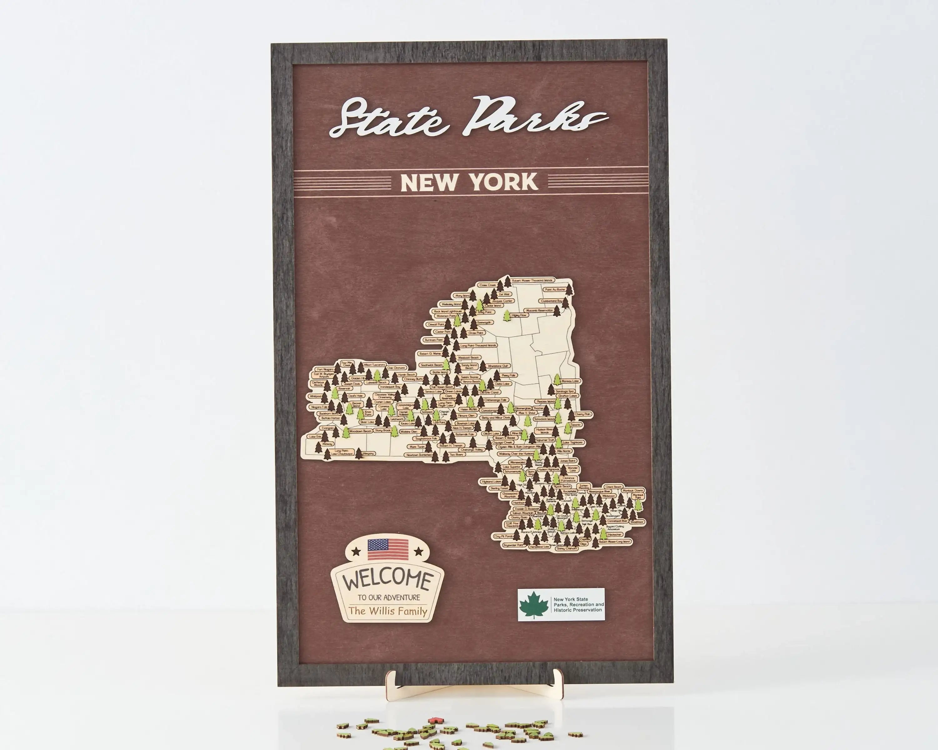 US Wooden New York State Parks Map With Trees To Record Park Visits (Coffee)
