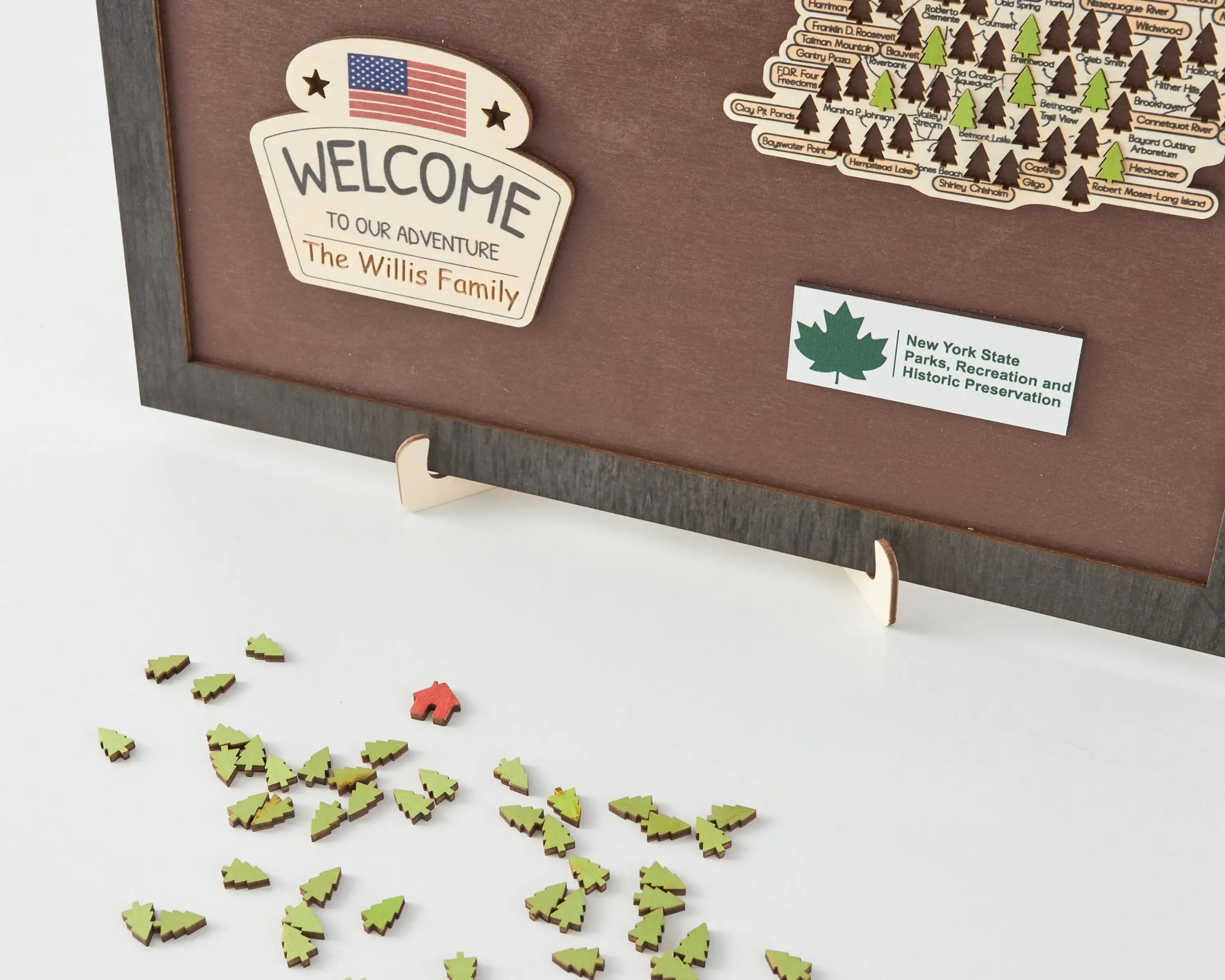 US Wooden New York State Parks Map With Trees To Record Park Visits (Coffee)