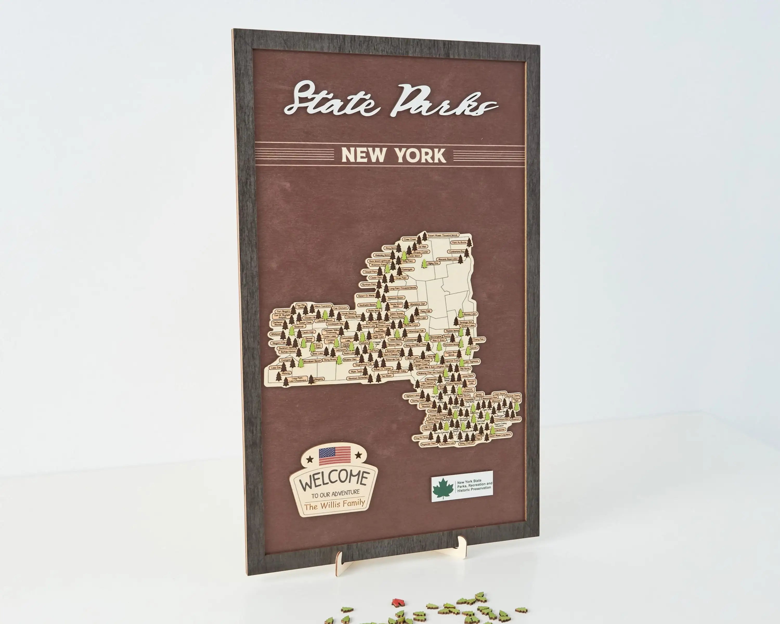 US Wooden New York State Parks Map With Trees To Record Park Visits (Coffee)