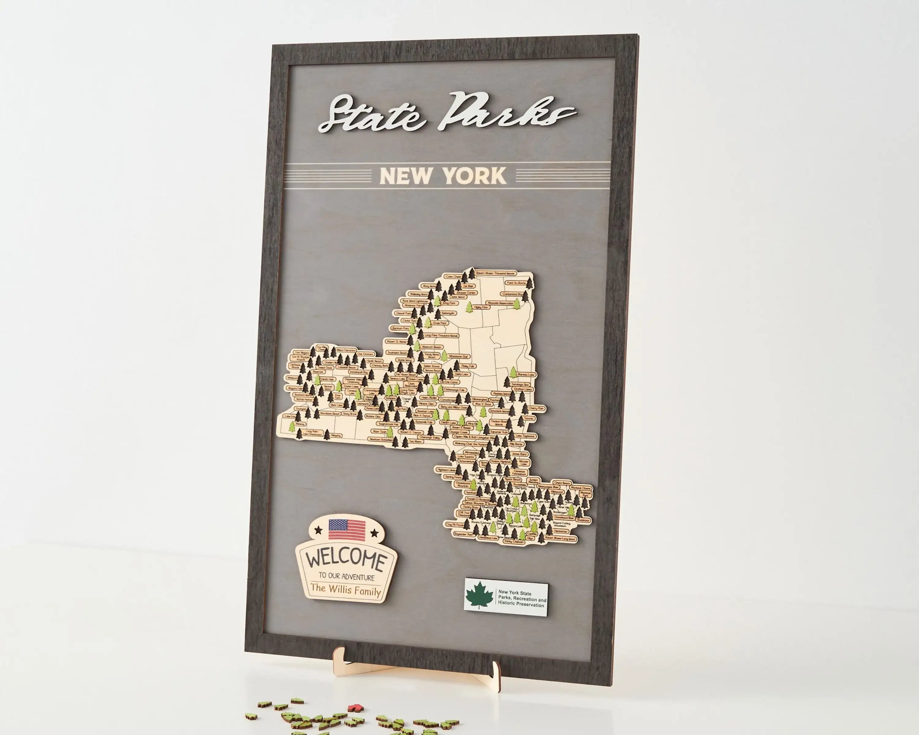 US Wooden New York State Parks Map With Trees To Record Park Visits (Light Grey)