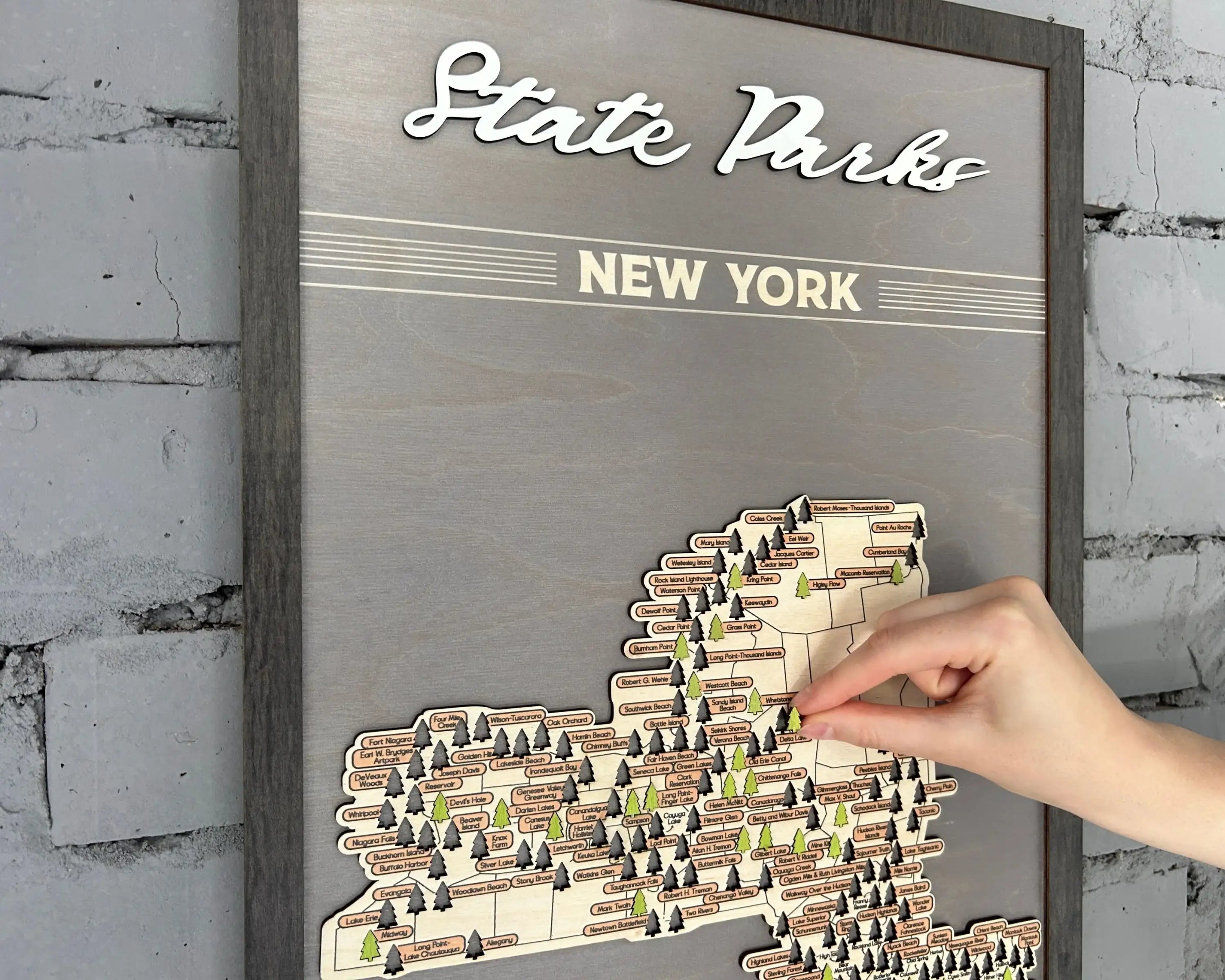US Wooden New York State Parks Map With Trees To Record Park Visits (Light Grey)