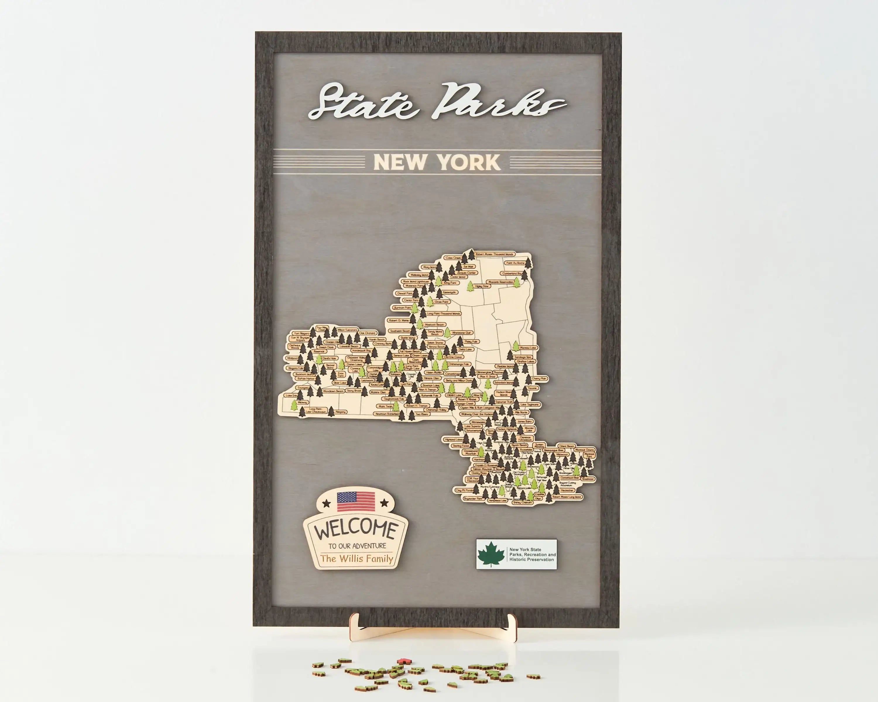 US Wooden New York State Parks Map With Trees To Record Park Visits (Light Grey)