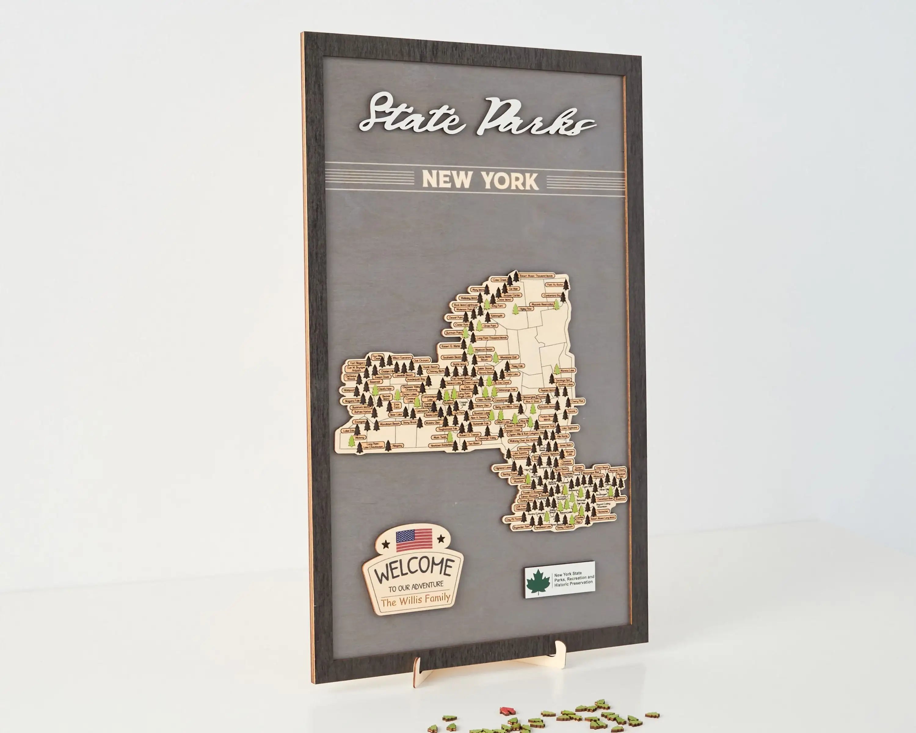 US Wooden New York State Parks Map With Trees To Record Park Visits (Light Grey)