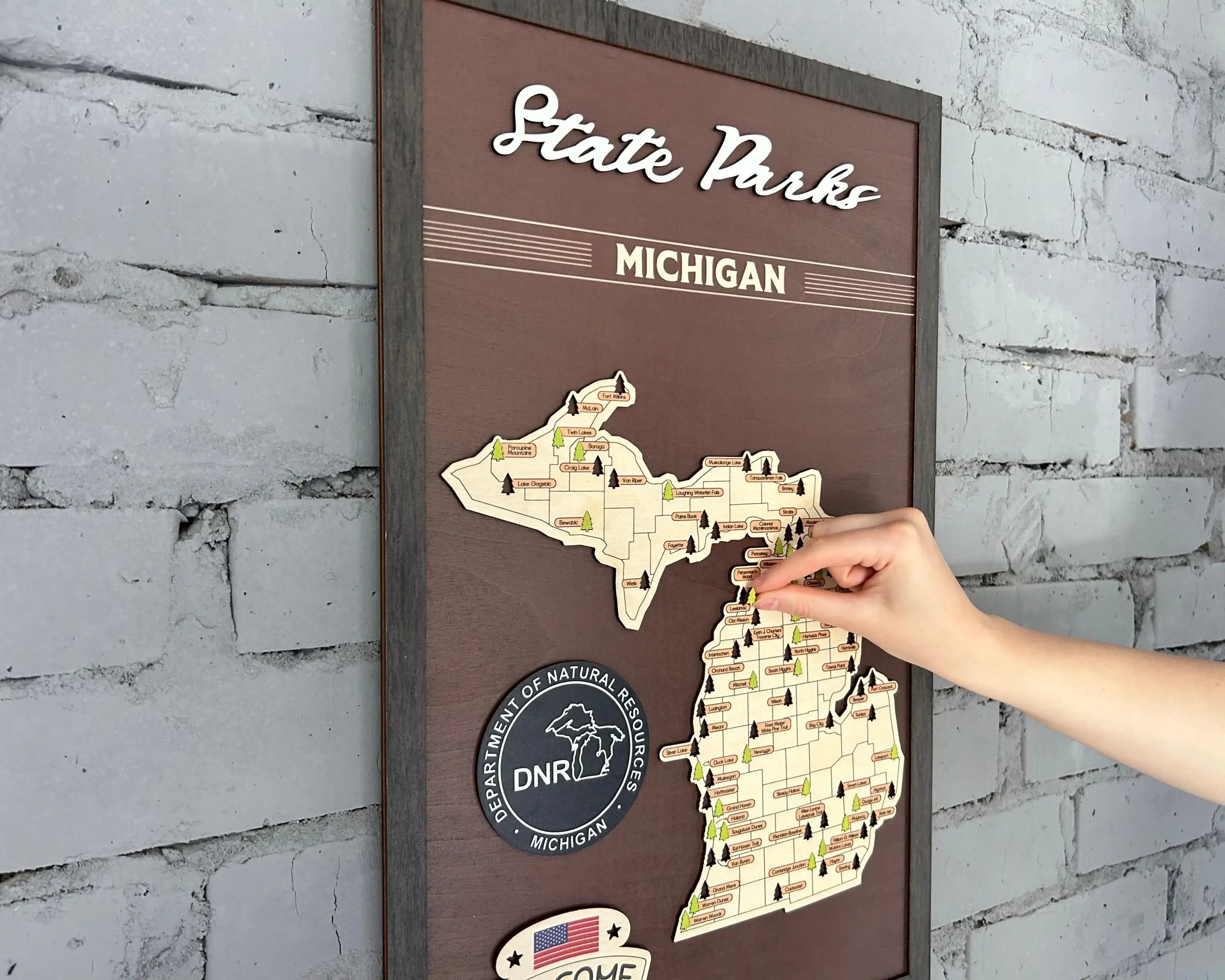 US Wooden Michigan State Parks Map With Trees To Record Park Visits (Coffee)