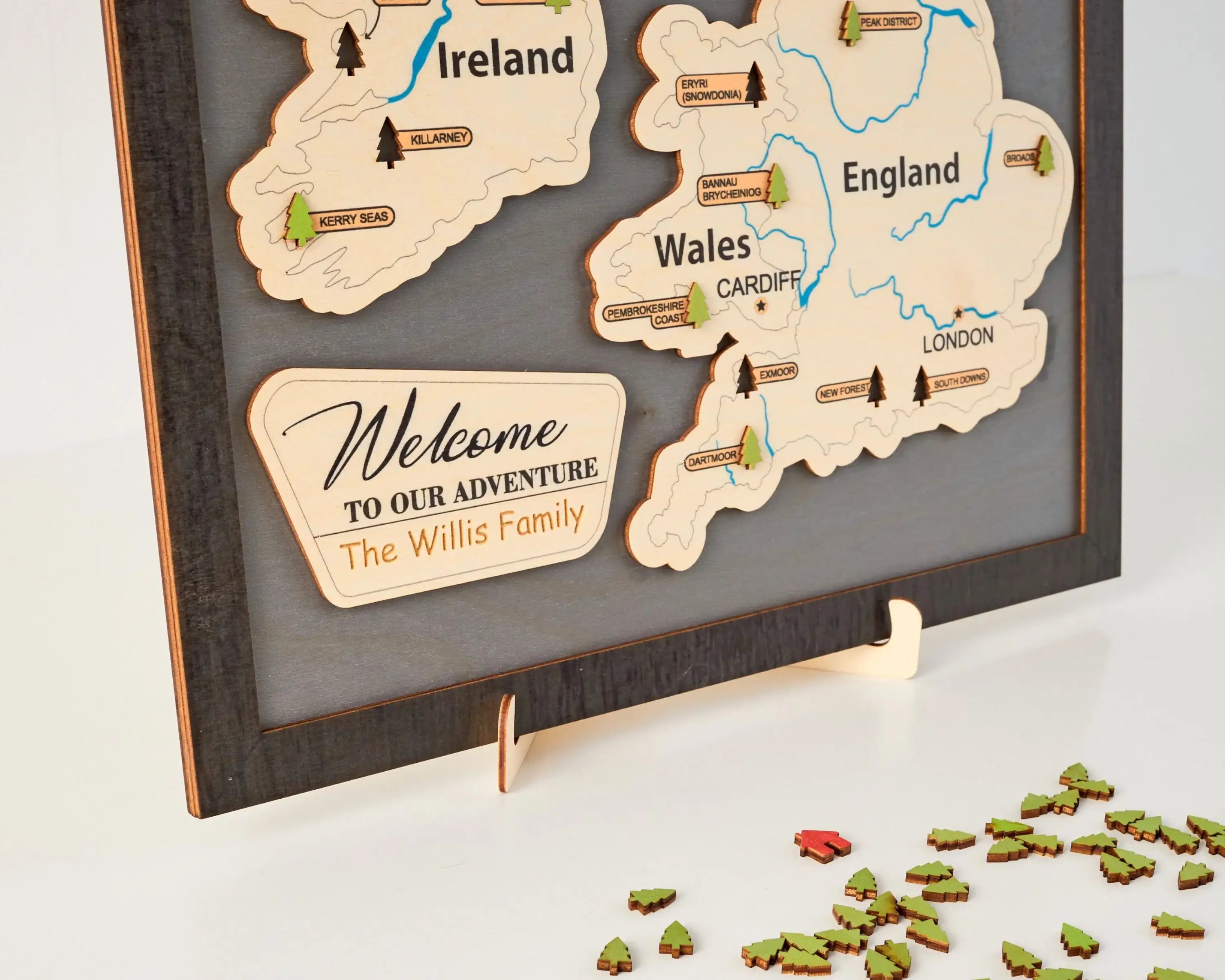British Isles Wooden National Parks Travel Map With Trees To Record Park Visits (Light Grey)