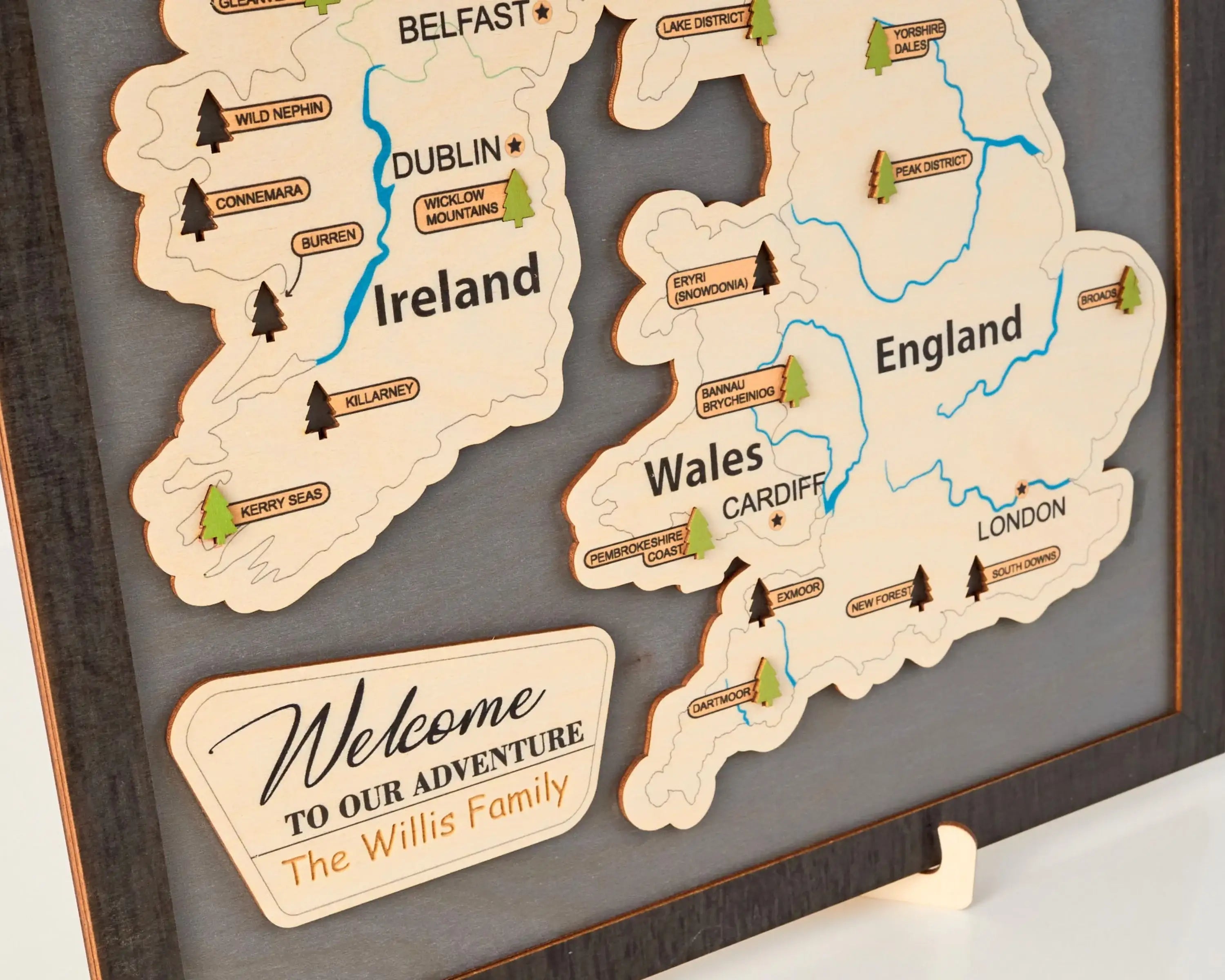 British Isles Wooden National Parks Travel Map With Trees To Record Park Visits (Light Grey)