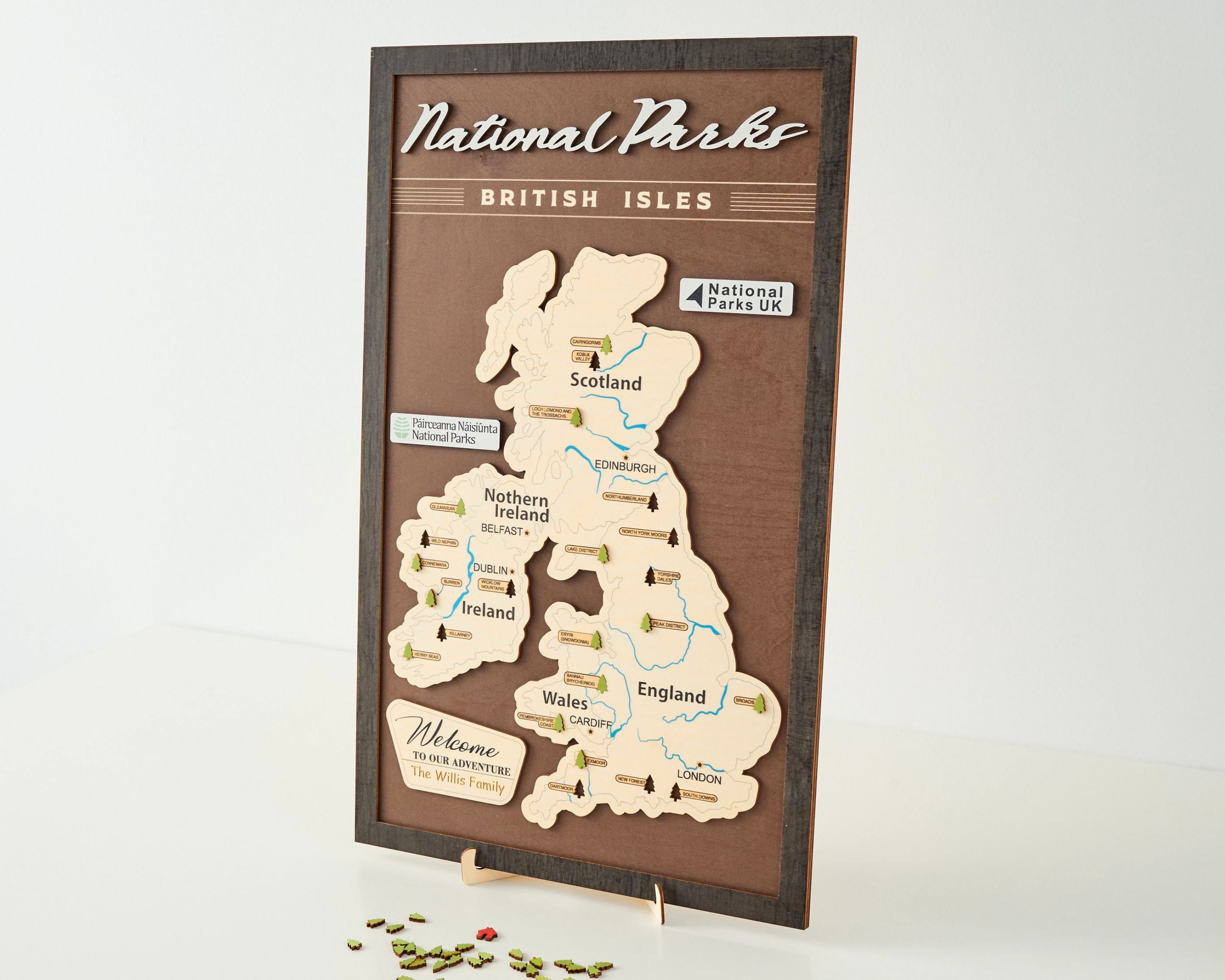 British Isles Wooden National Parks Travel Map With Trees To Record Park Visits (Coffee)