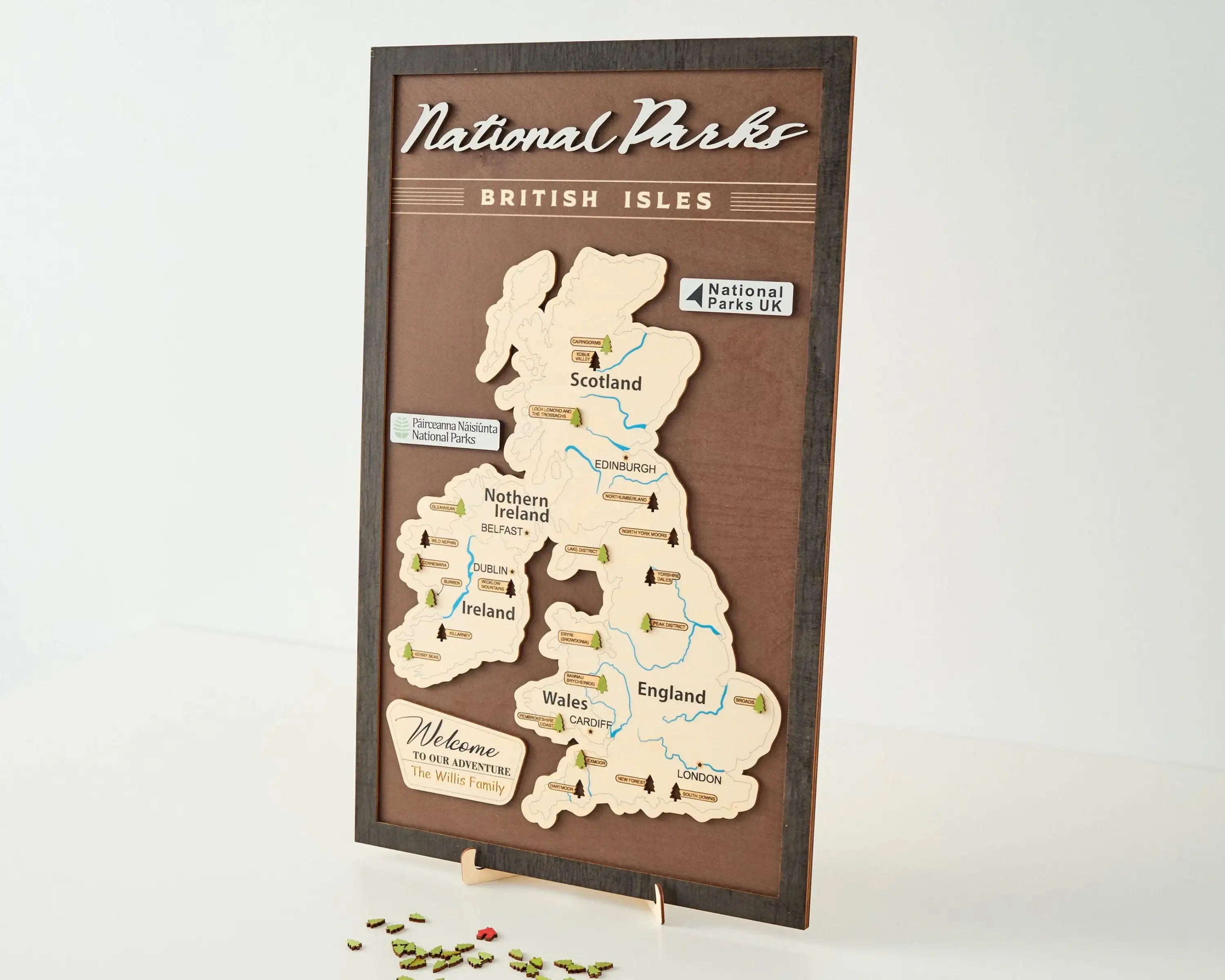 British Isles Wooden National Parks Travel Map With Trees To Record Park Visits (Coffee)