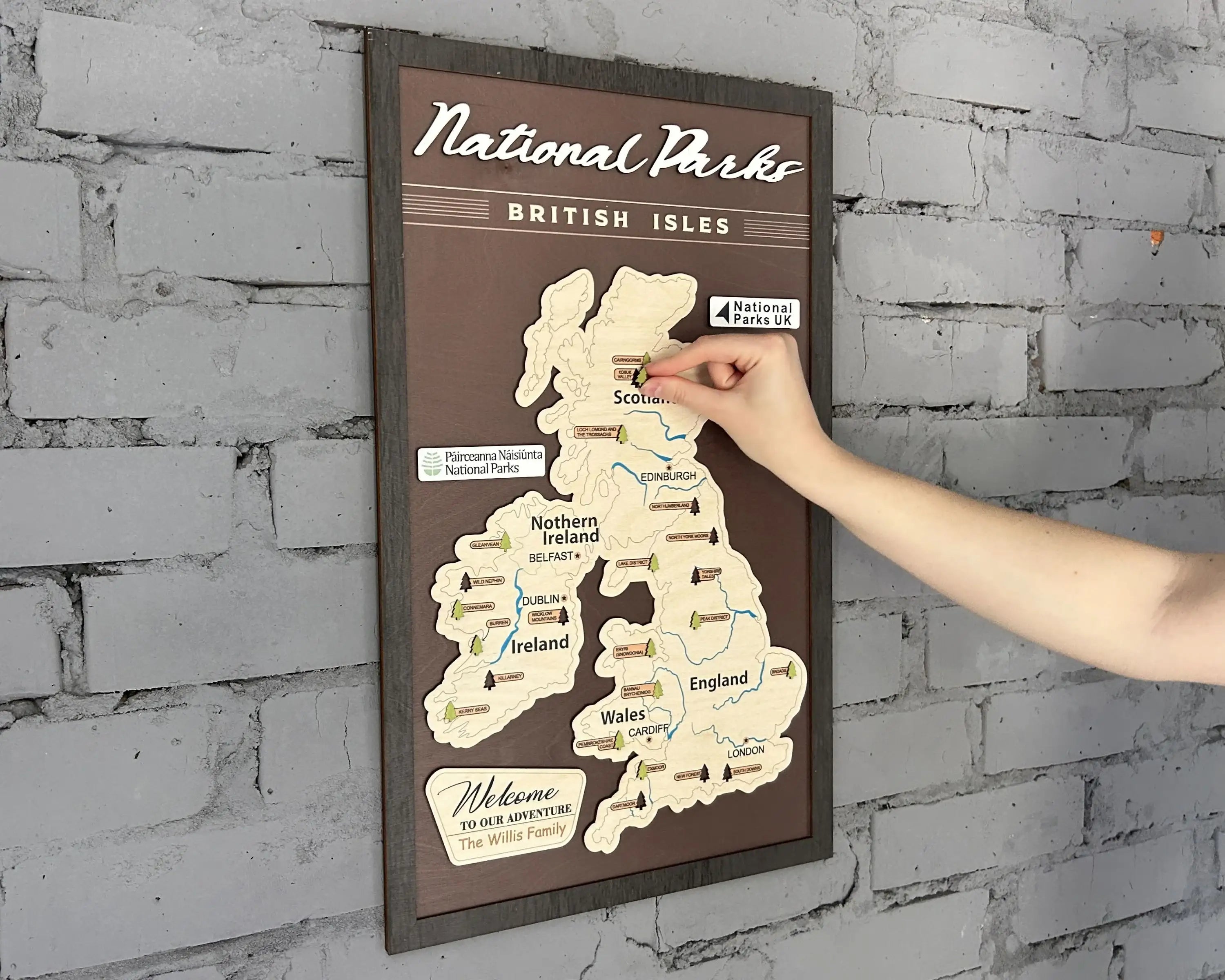 British Isles Wooden National Parks Travel Map With Trees To Record Park Visits (Coffee)