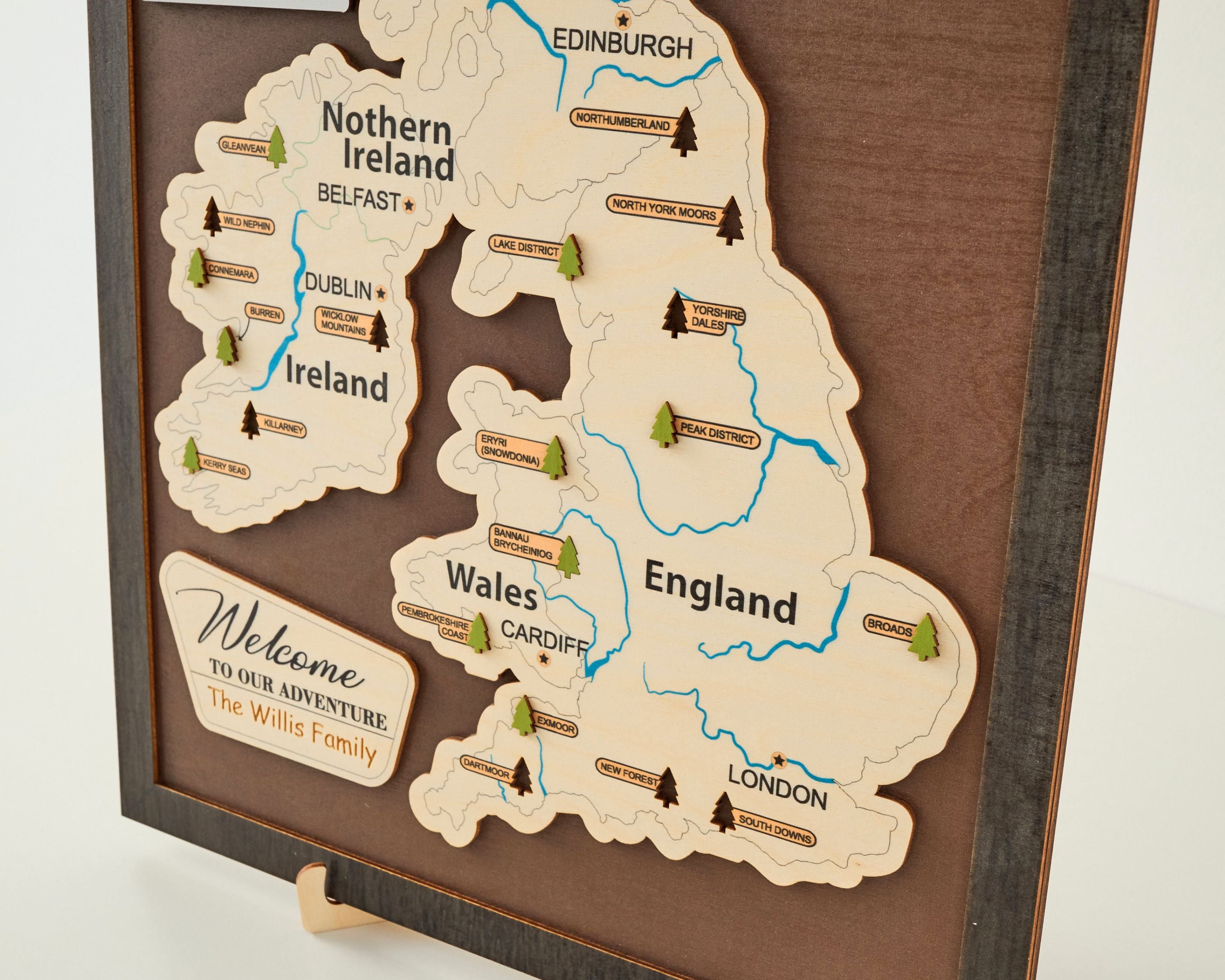 British Isles Wooden National Parks Travel Map With Trees To Record Park Visits (Coffee)