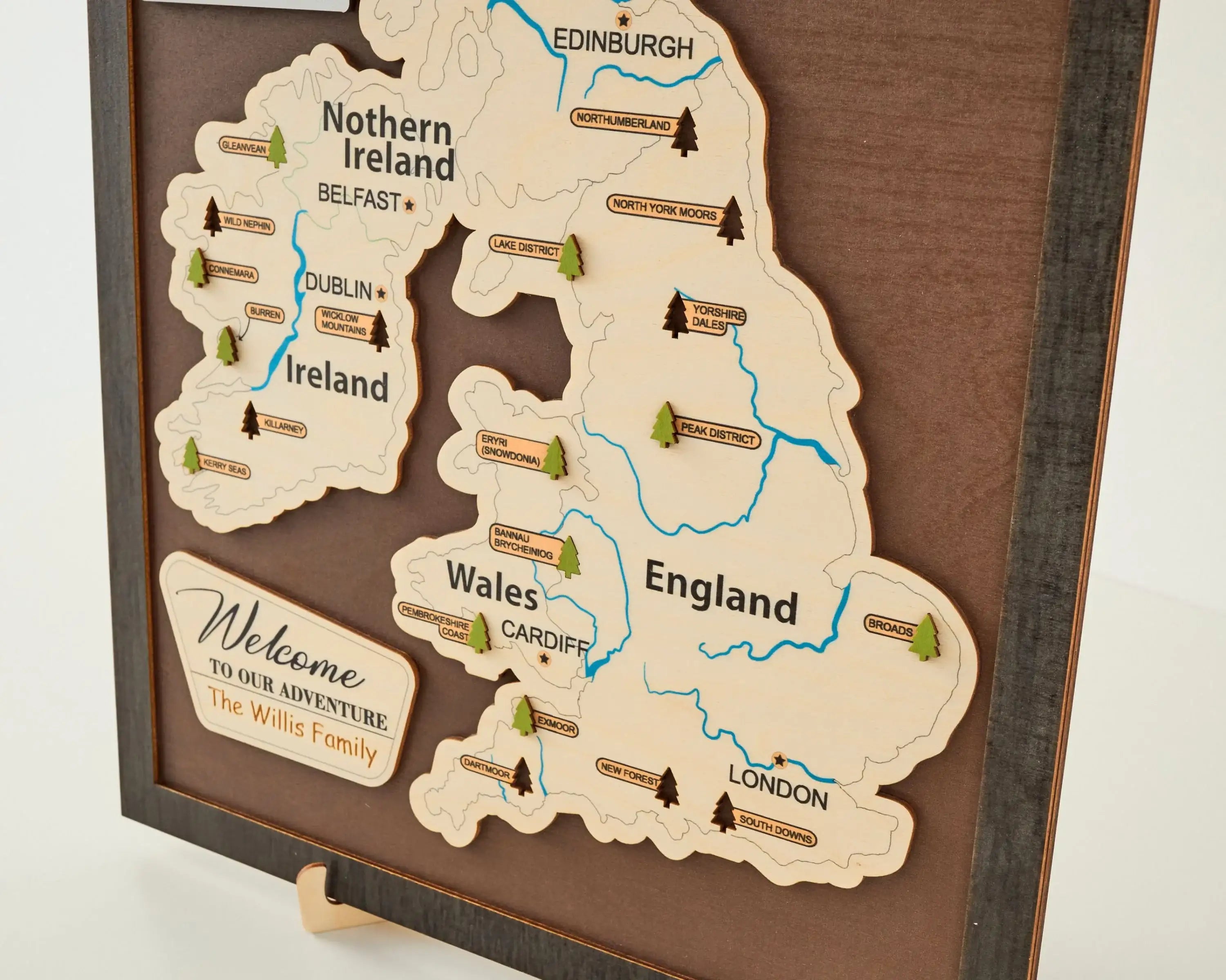 British Isles Wooden National Parks Travel Map With Trees To Record Park Visits (Coffee)