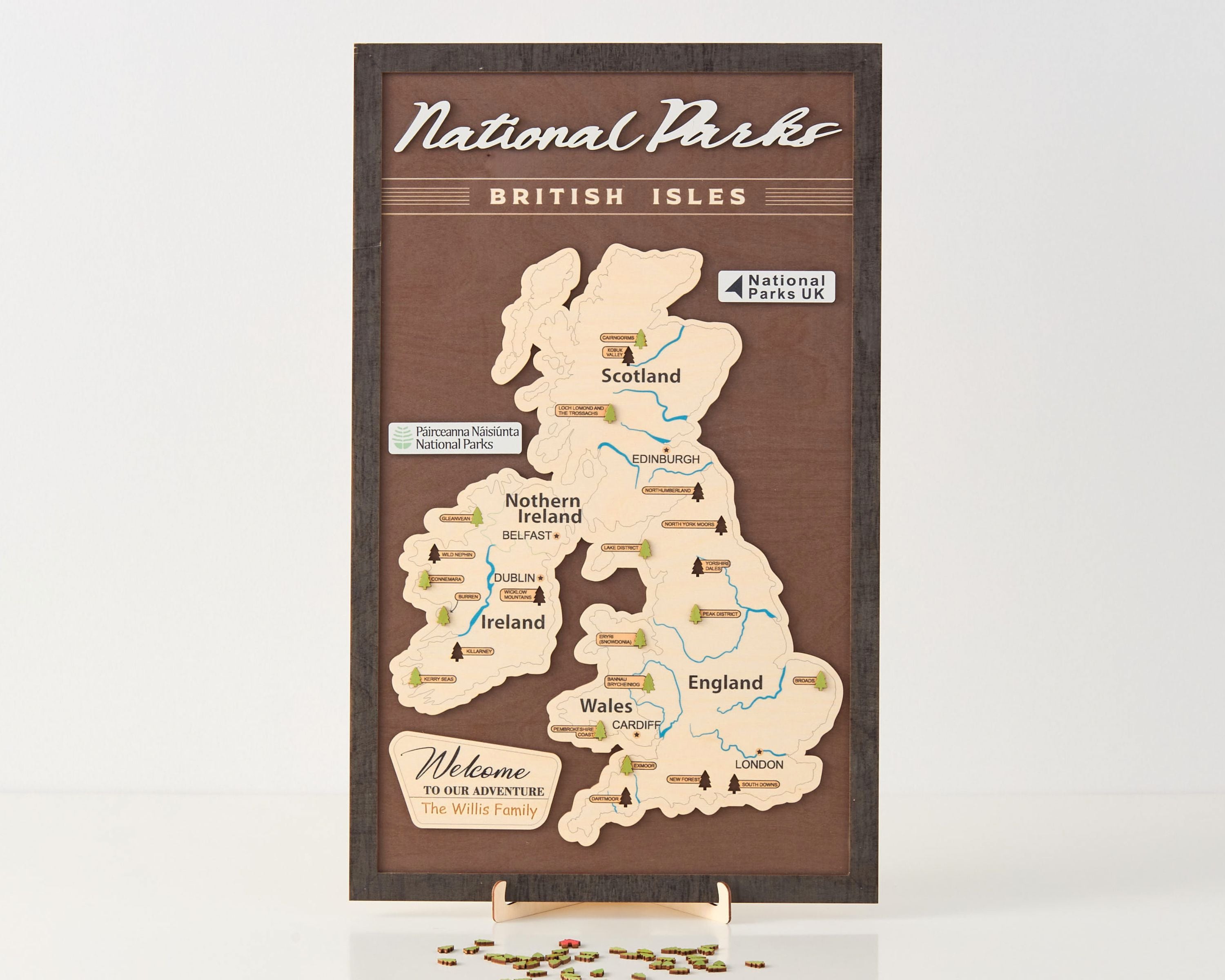 British Isles Wooden National Parks Travel Map With Trees To Record Park Visits (Coffee)