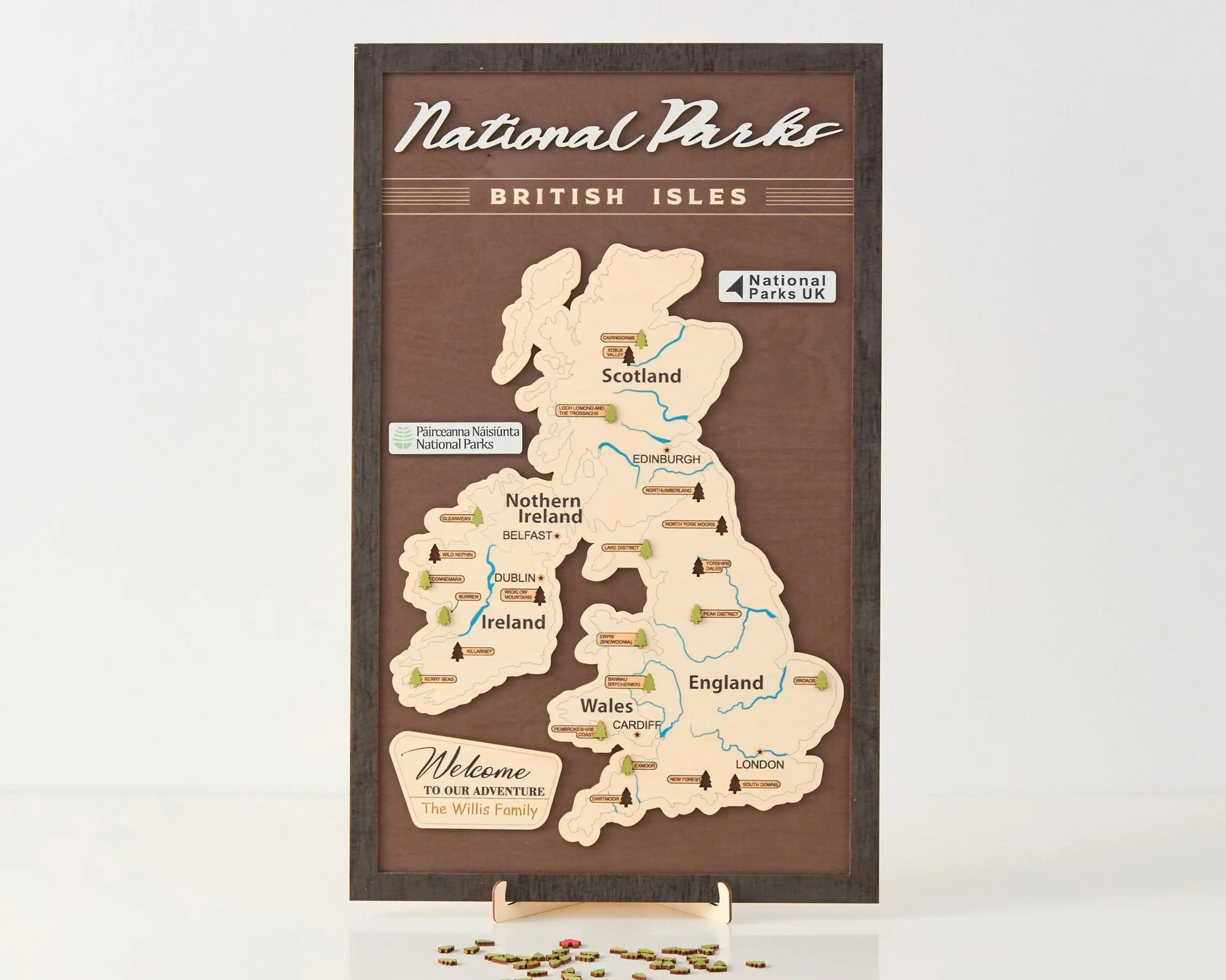 British Isles Wooden National Parks Travel Map With Trees To Record Park Visits (Coffee)