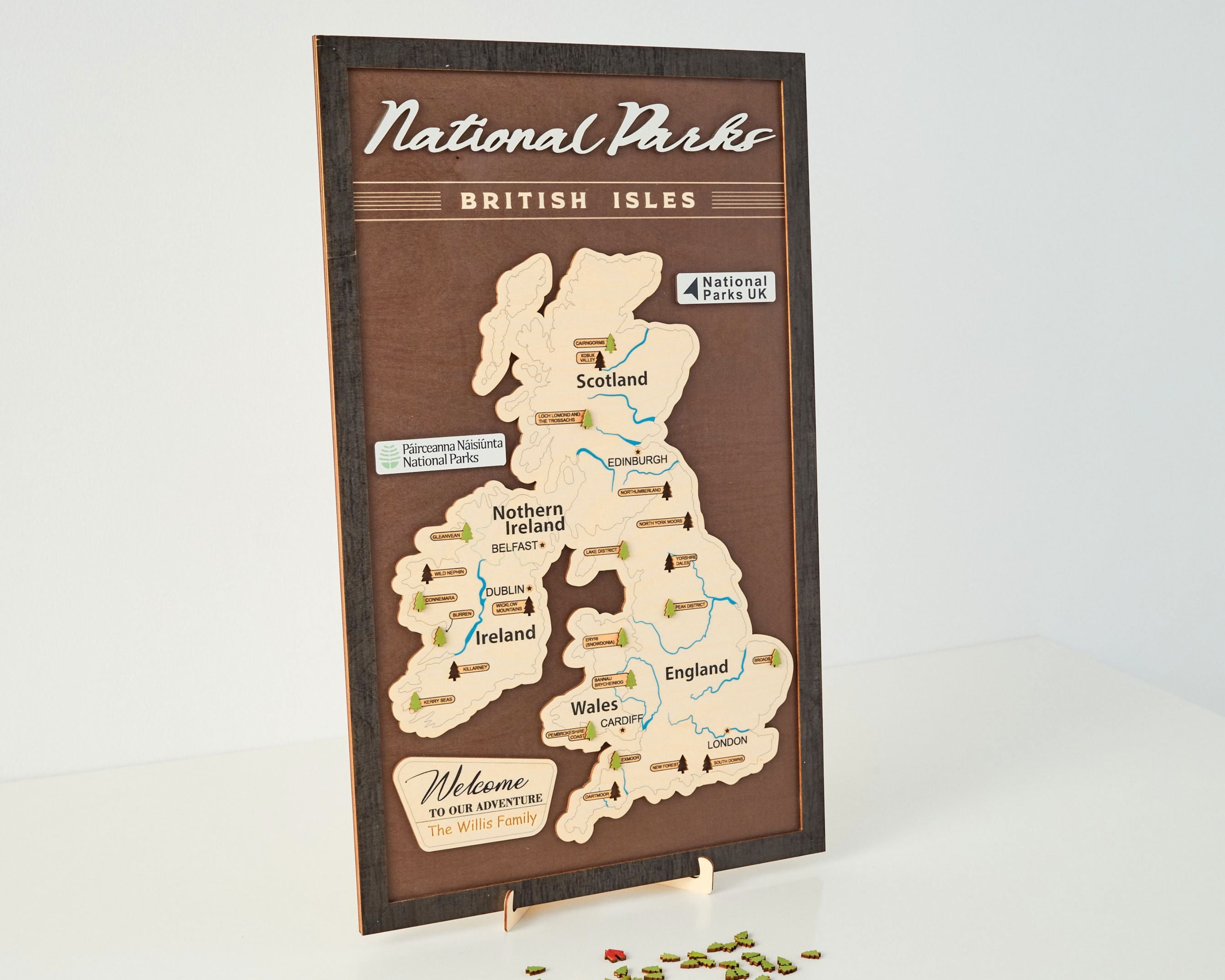 British Isles Wooden National Parks Travel Map With Trees To Record Park Visits (Coffee)