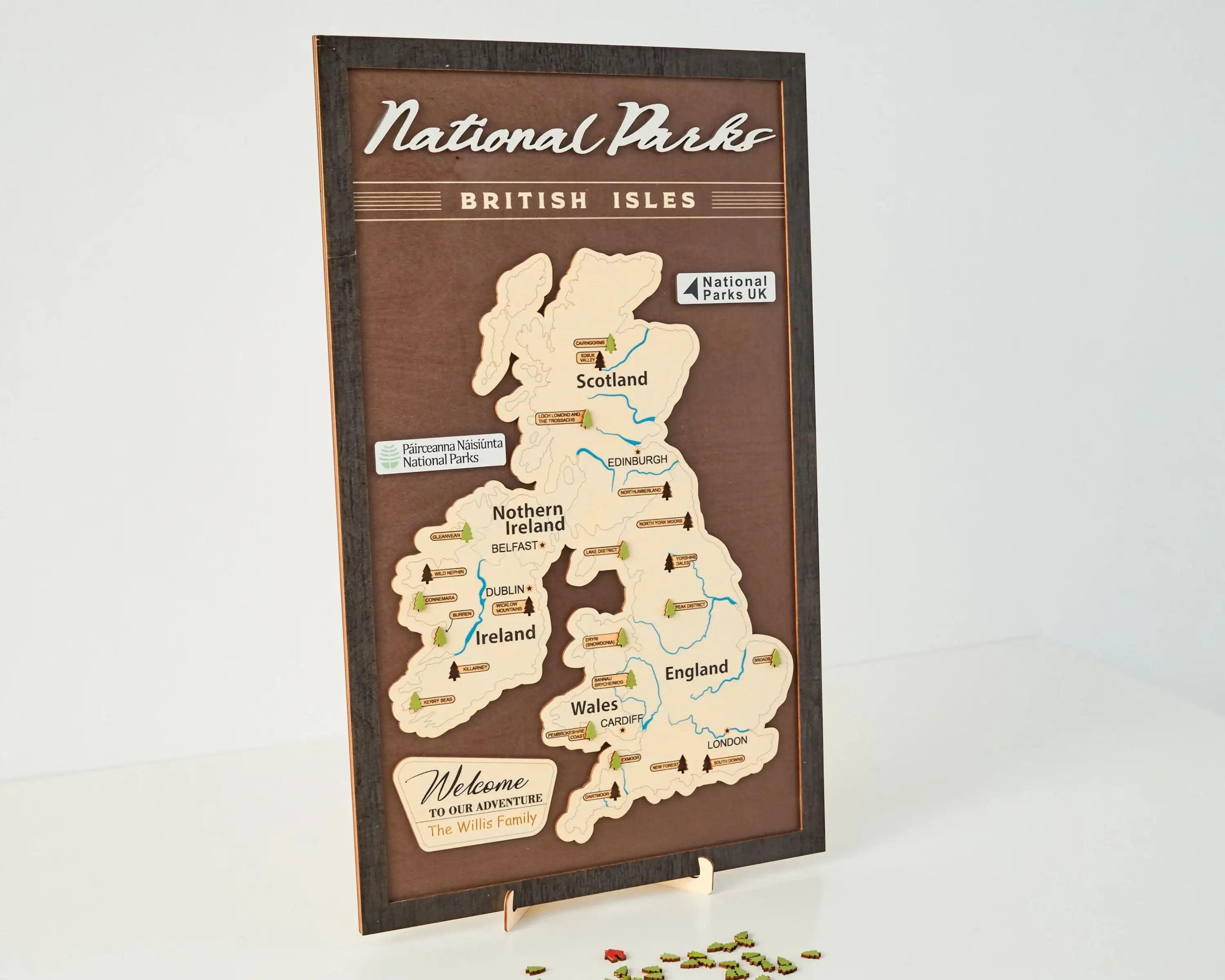 British Isles Wooden National Parks Travel Map With Trees To Record Park Visits (Coffee)