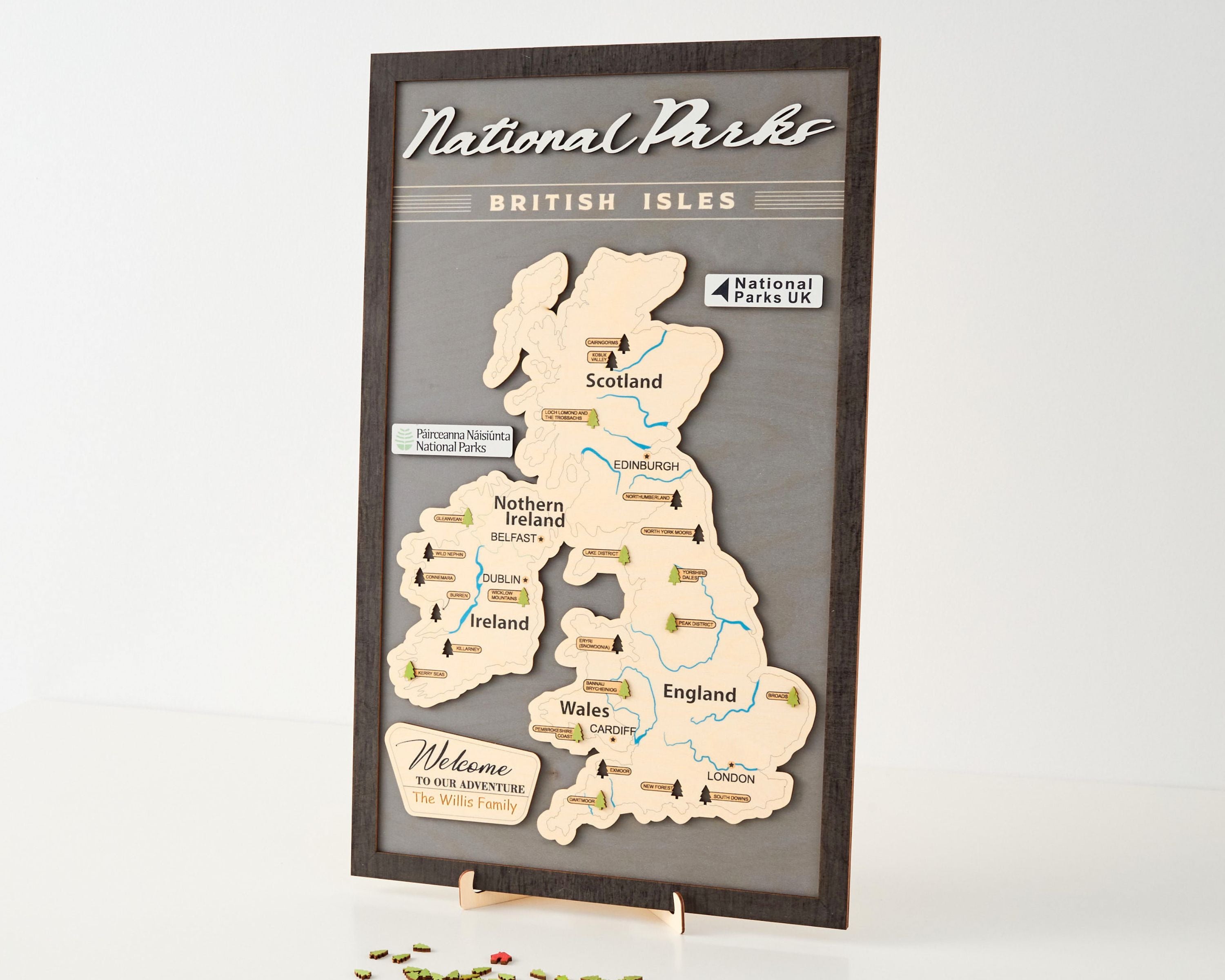 British Isles Wooden National Parks Travel Map With Trees To Record Park Visits (Light Grey)