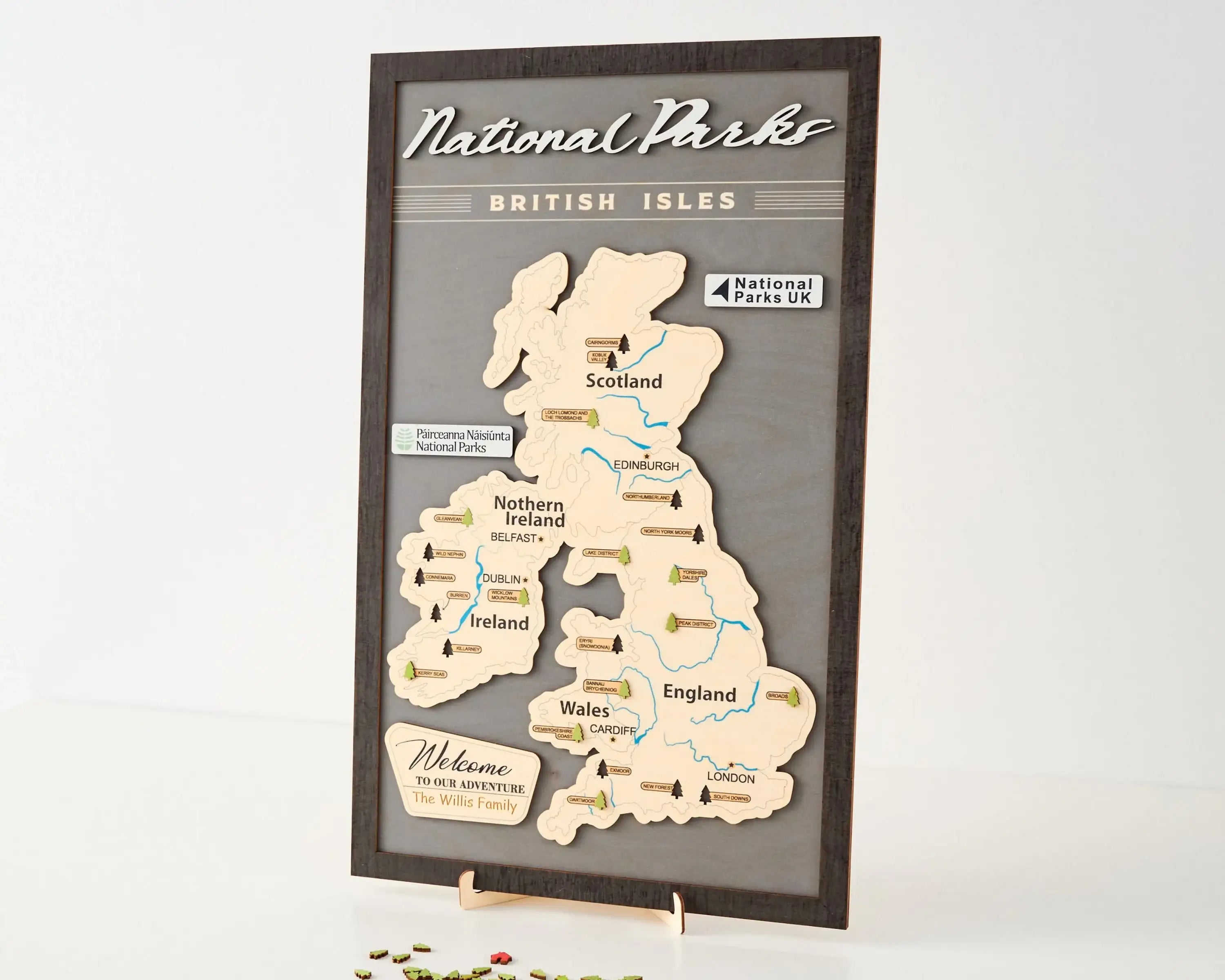 British Isles Wooden National Parks Travel Map With Trees To Record Park Visits (Light Grey)