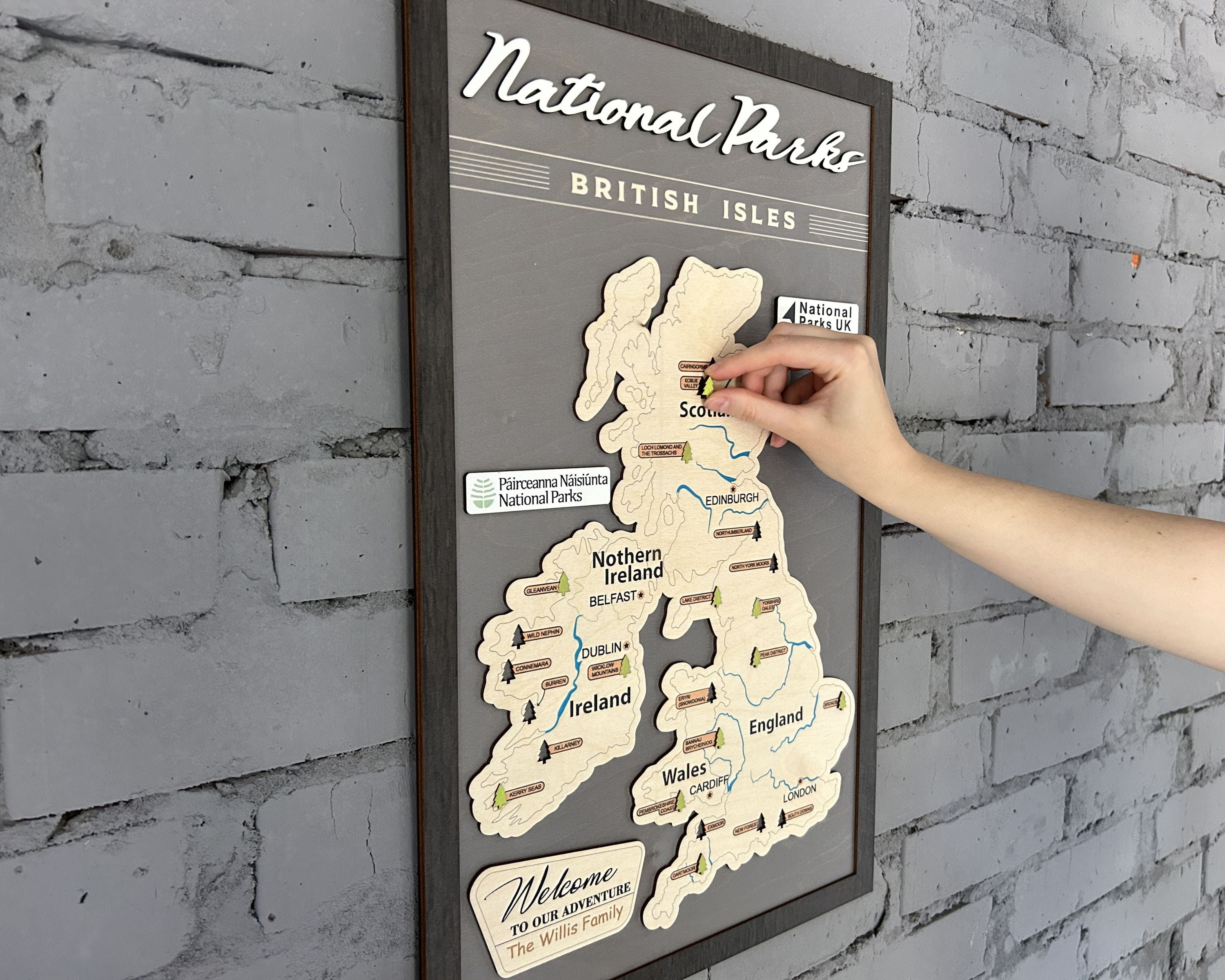 British Isles Wooden National Parks Travel Map With Trees To Record Park Visits (Light Grey)