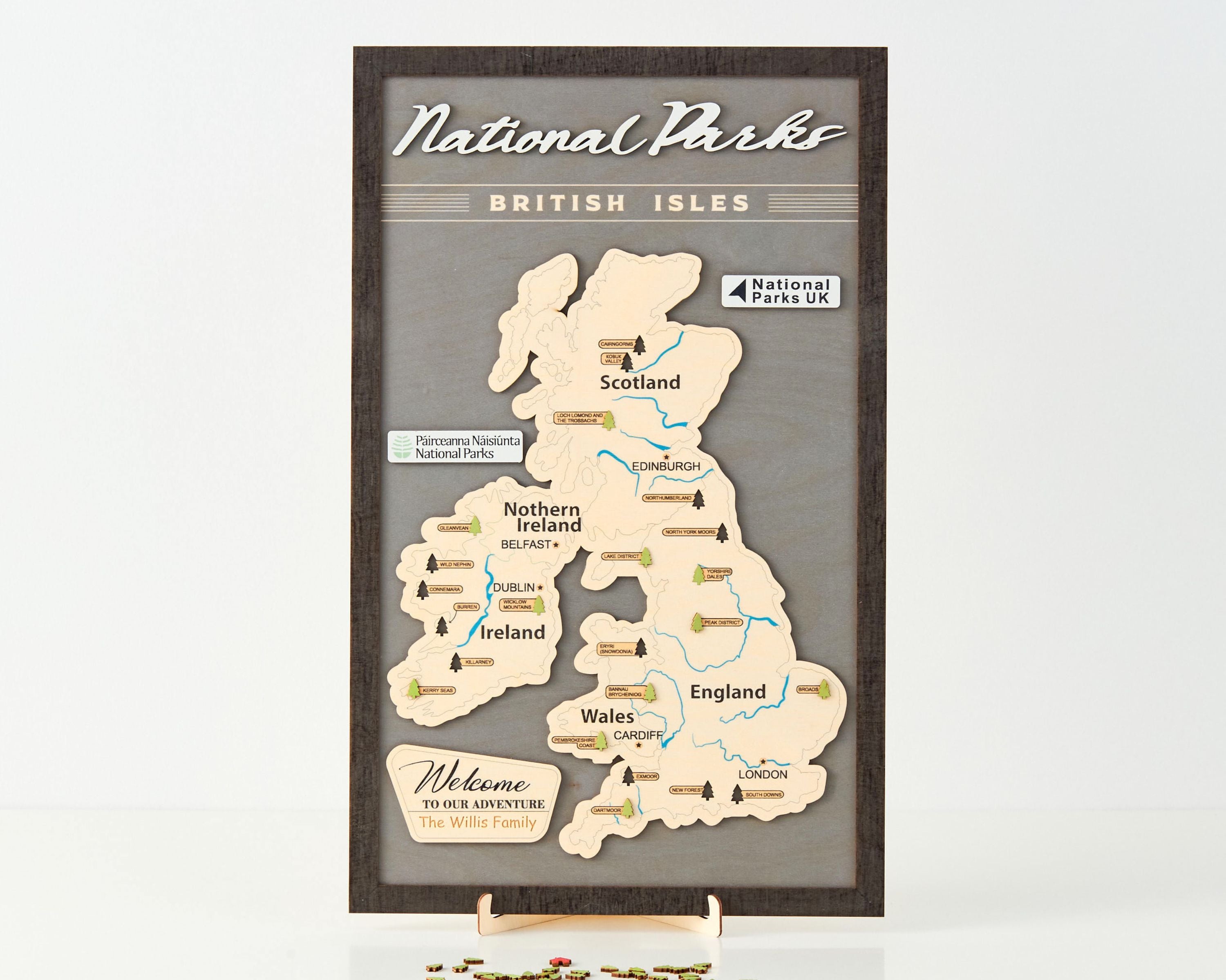 British Isles Wooden National Parks Travel Map With Trees To Record Park Visits (Light Grey)
