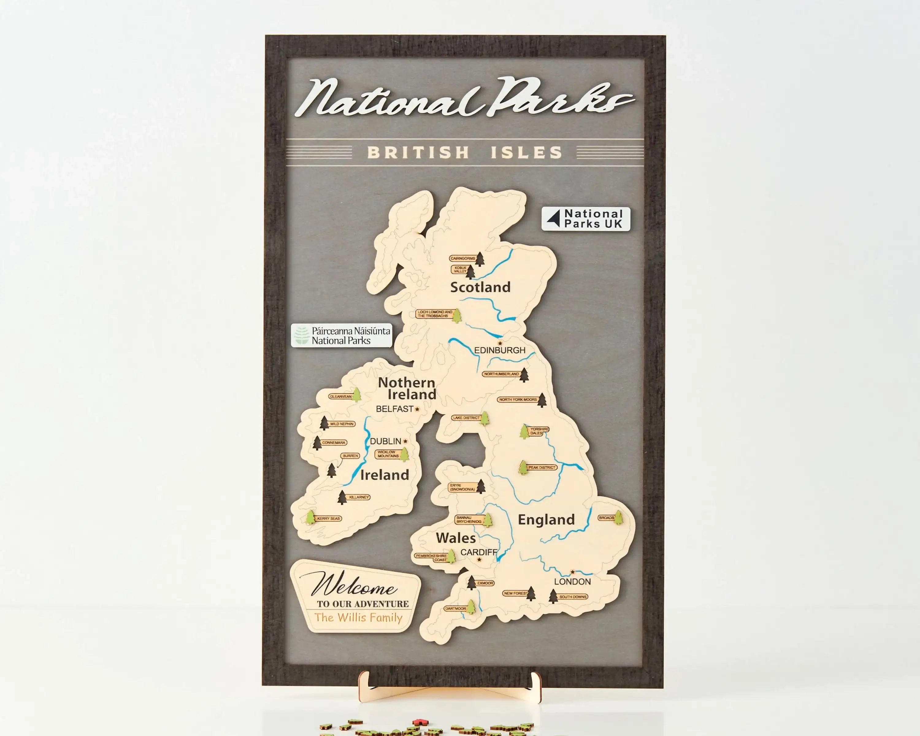 British Isles Wooden National Parks Travel Map With Trees To Record Park Visits (Light Grey)