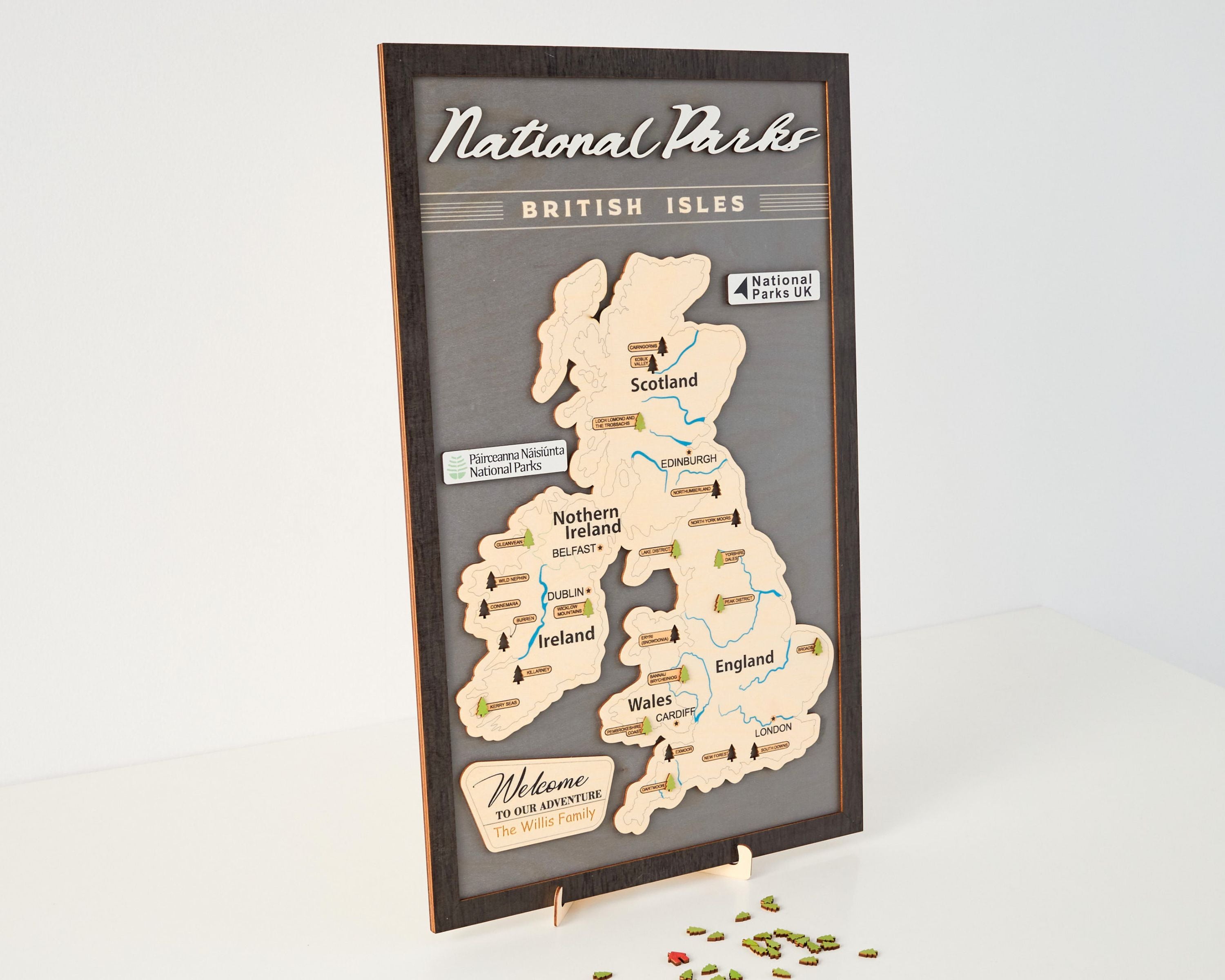 British Isles Wooden National Parks Travel Map With Trees To Record Park Visits (Light Grey)