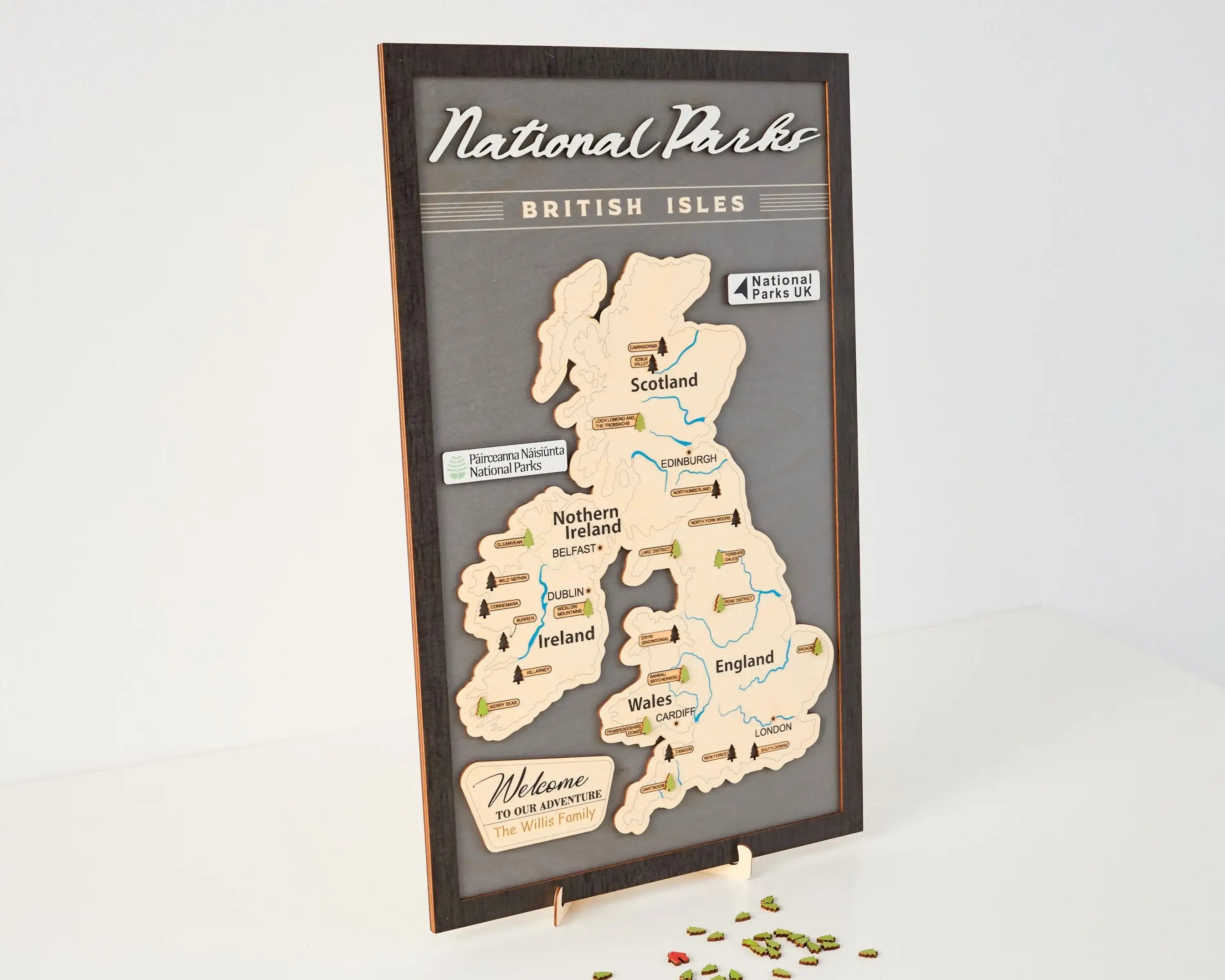 British Isles Wooden National Parks Travel Map With Trees To Record Park Visits (Light Grey)