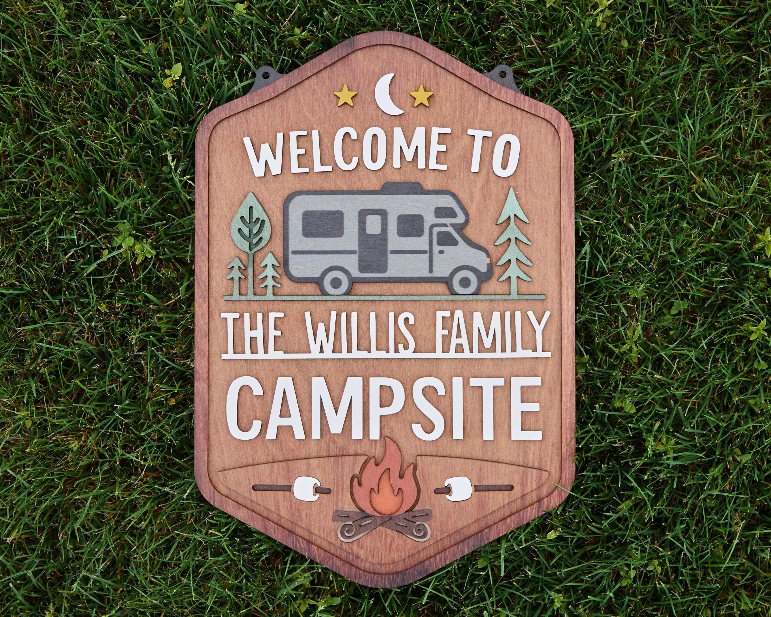 Personalized Welcome To Our Campsite Sign - Camping Flag | Custom Family Name Camper Decoration (Campsite)