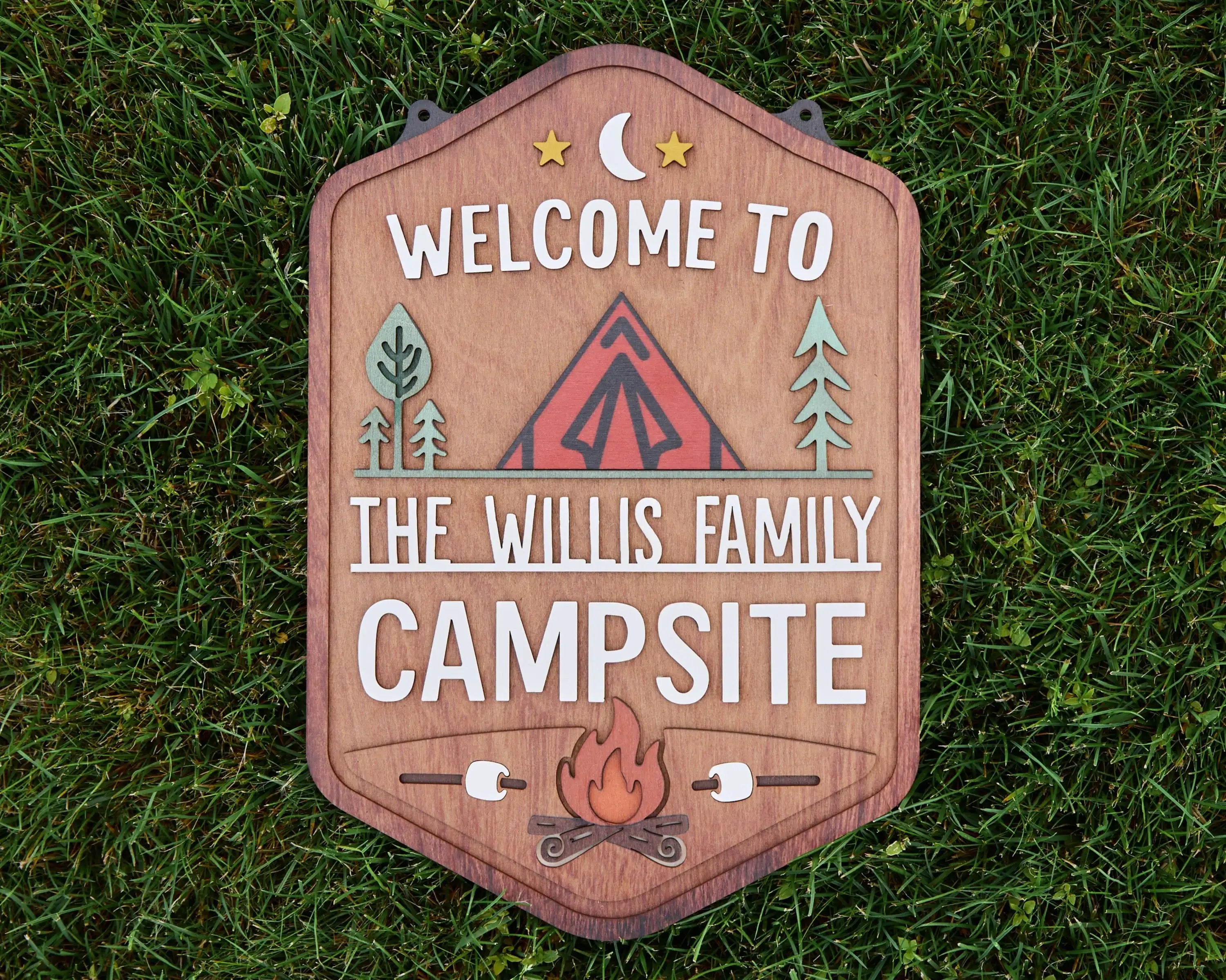 Personalized Welcome To Our Campsite Sign - Camping Flag | Custom Family Name Camper Decoration (Tent)