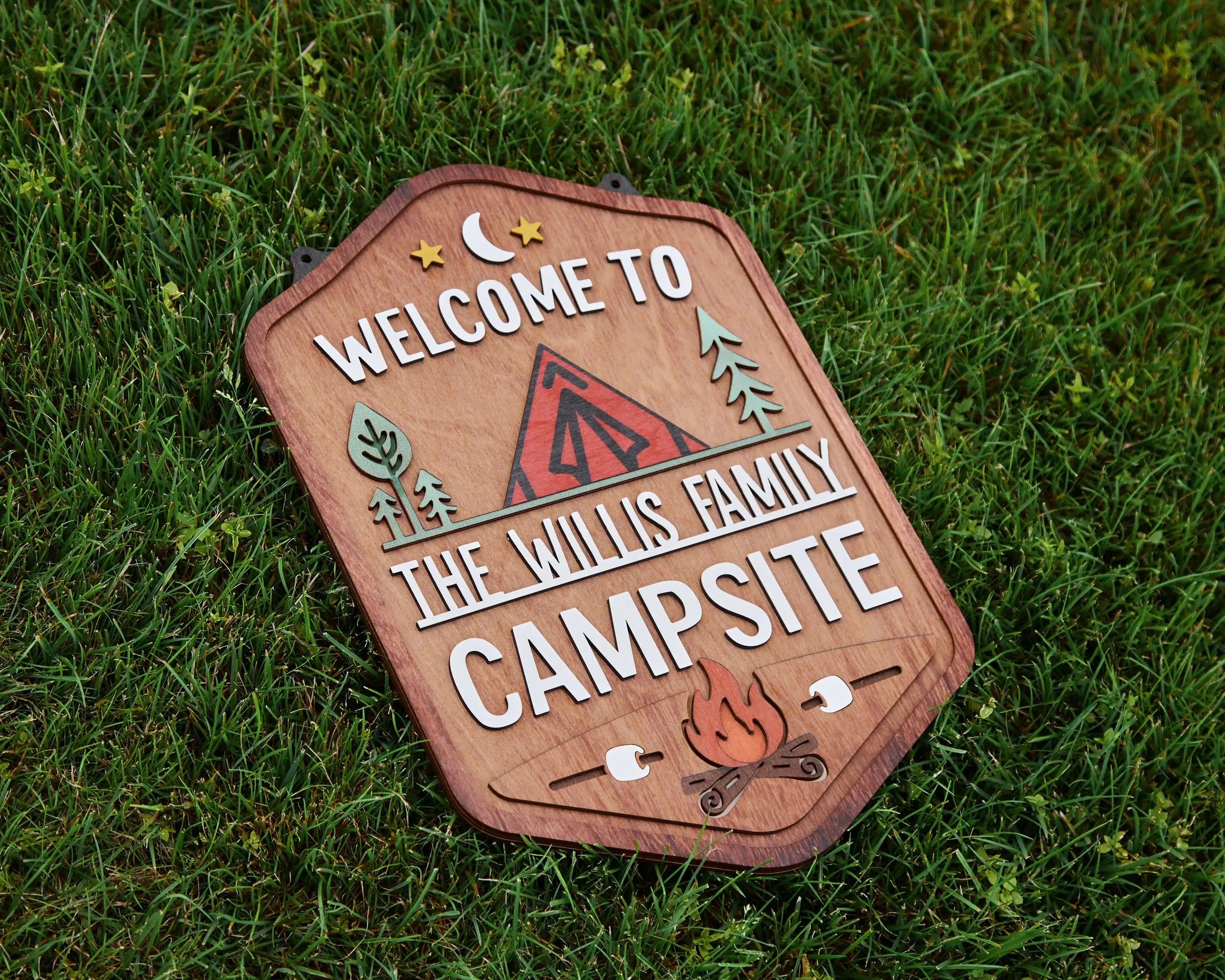 Personalized Welcome To Our Campsite Sign - Camping Flag | Custom Family Name Camper Decoration (Tent)