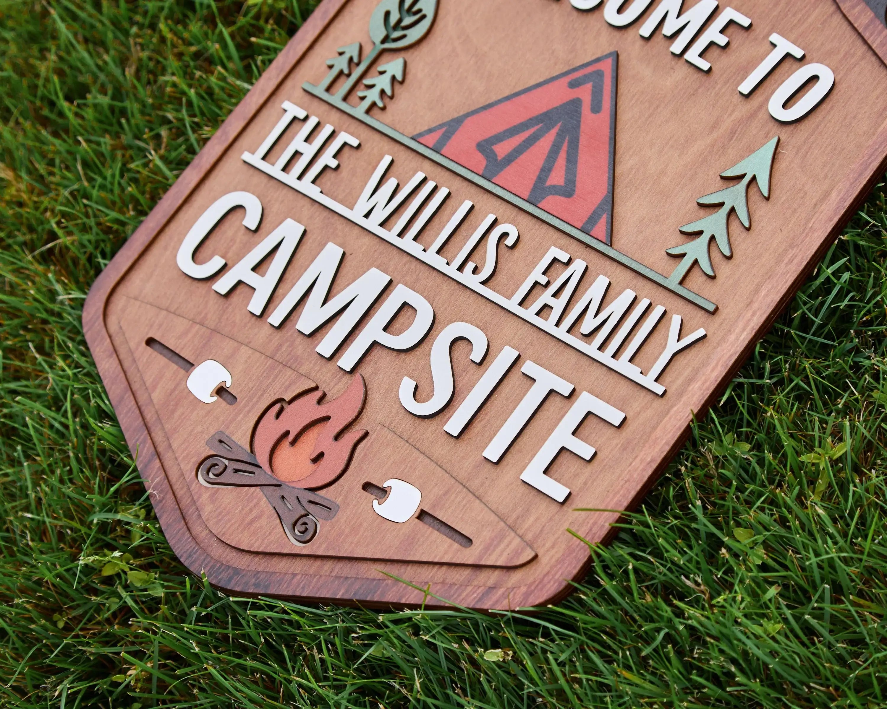 Personalized Welcome To Our Campsite Sign - Camping Flag | Custom Family Name Camper Decoration (Tent)