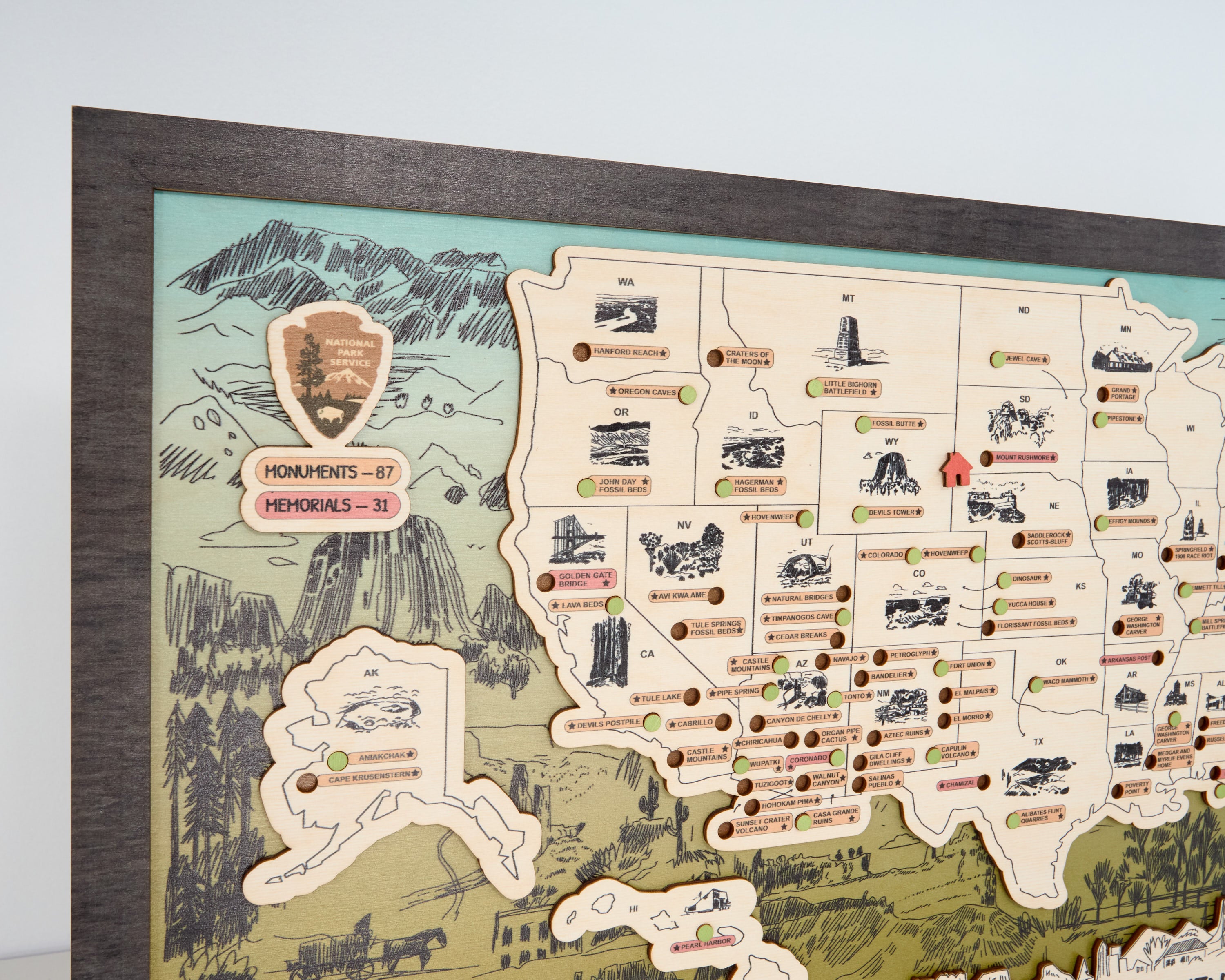 US Wooden National Monuments & Memorials Travel Map With Pins To Record Visits (Green Design)