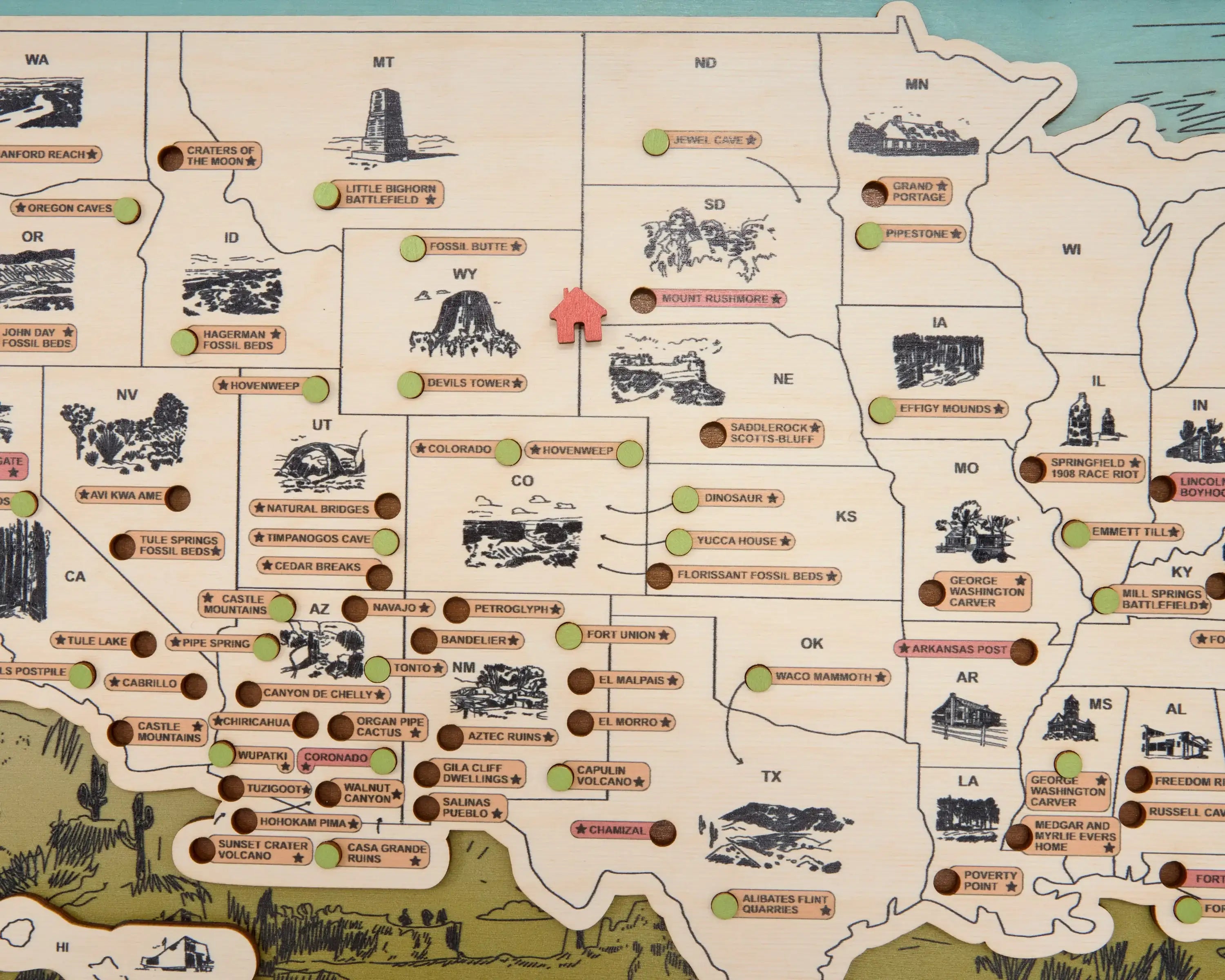 US Wooden National Monuments & Memorials Travel Map With Pins To Record Visits (Green Design)