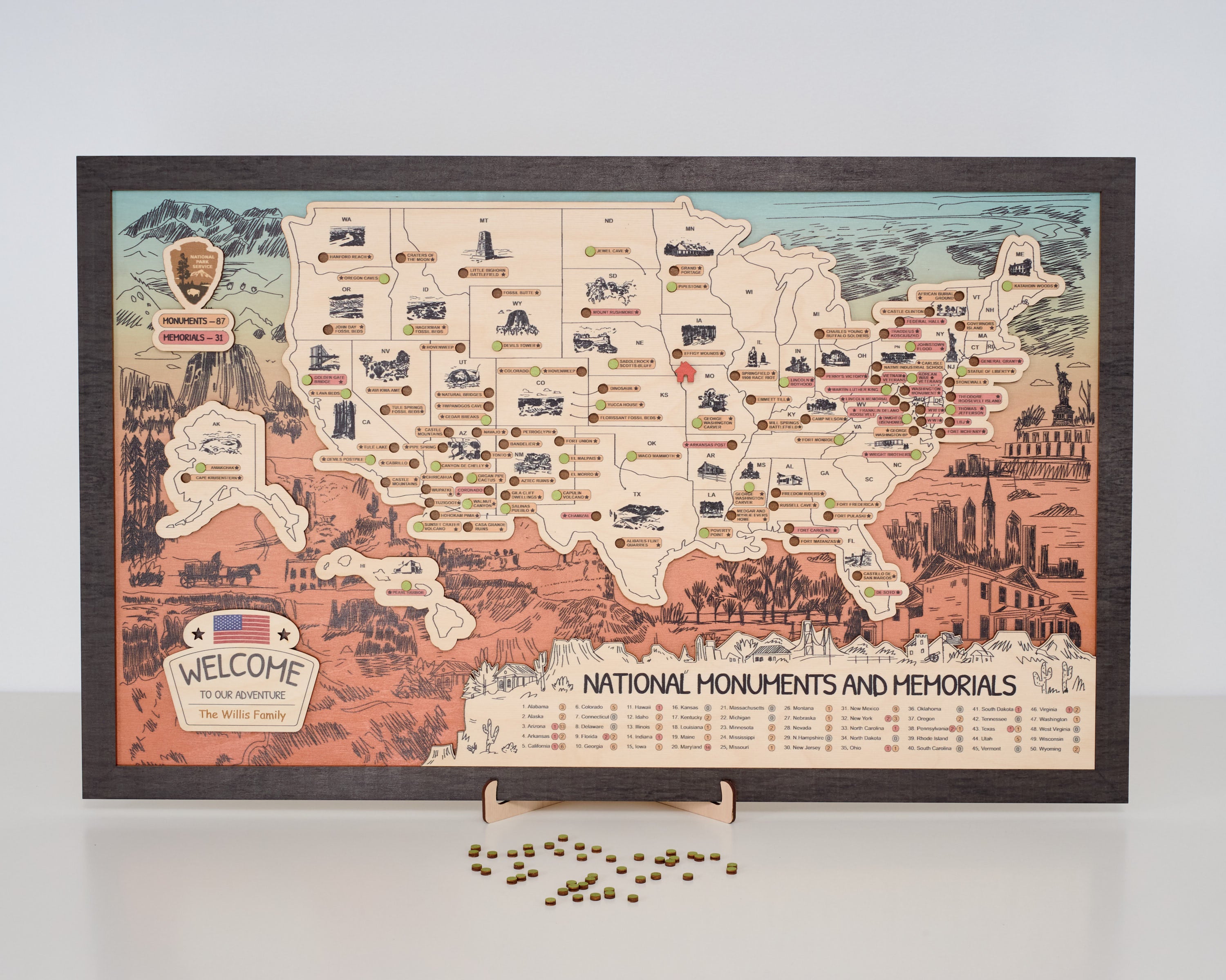 US Wooden National Monuments & Memorials Travel Map With Pins To Record Visits (Orange Design)