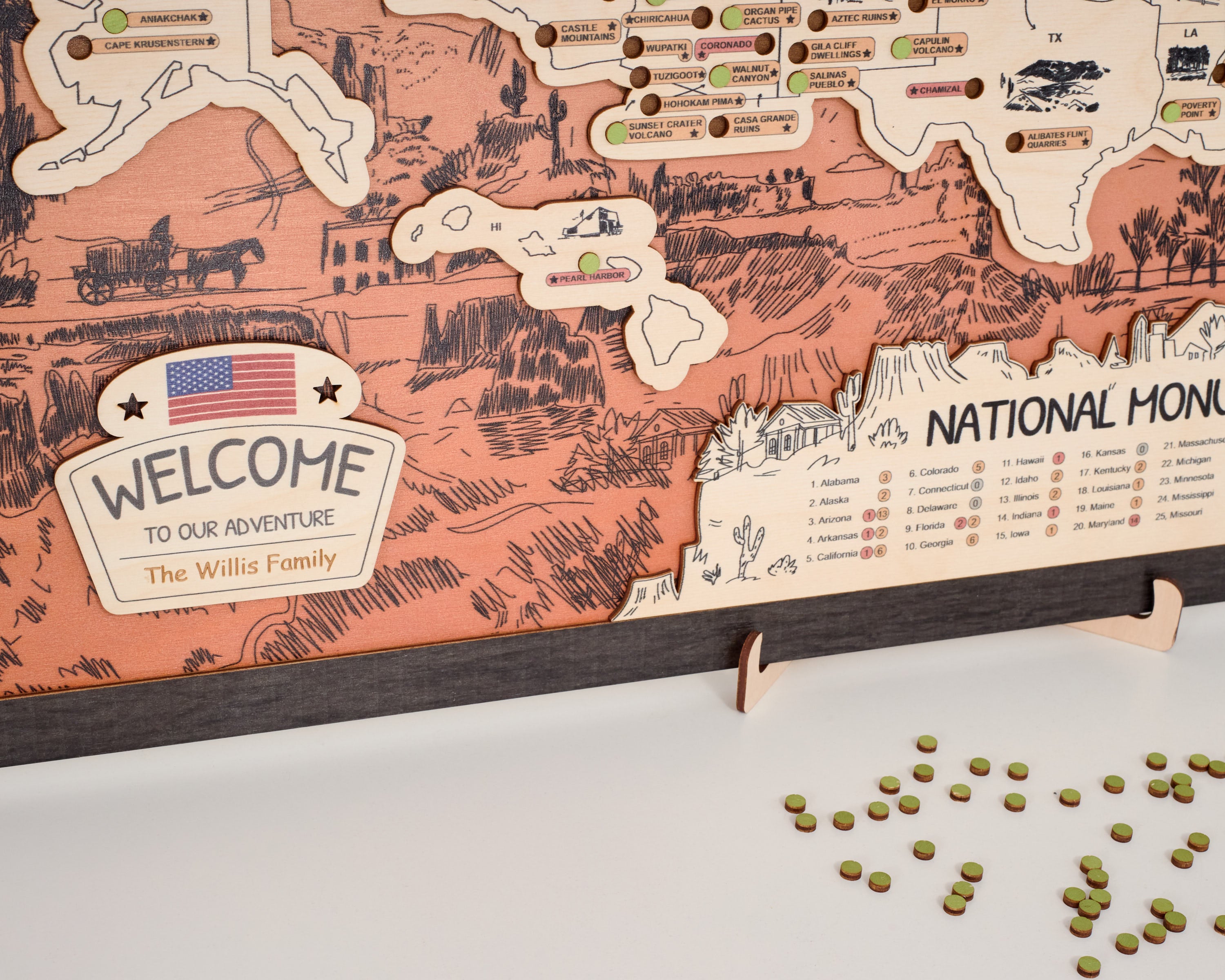 US Wooden National Monuments & Memorials Travel Map With Pins To Record Visits (Orange Design)