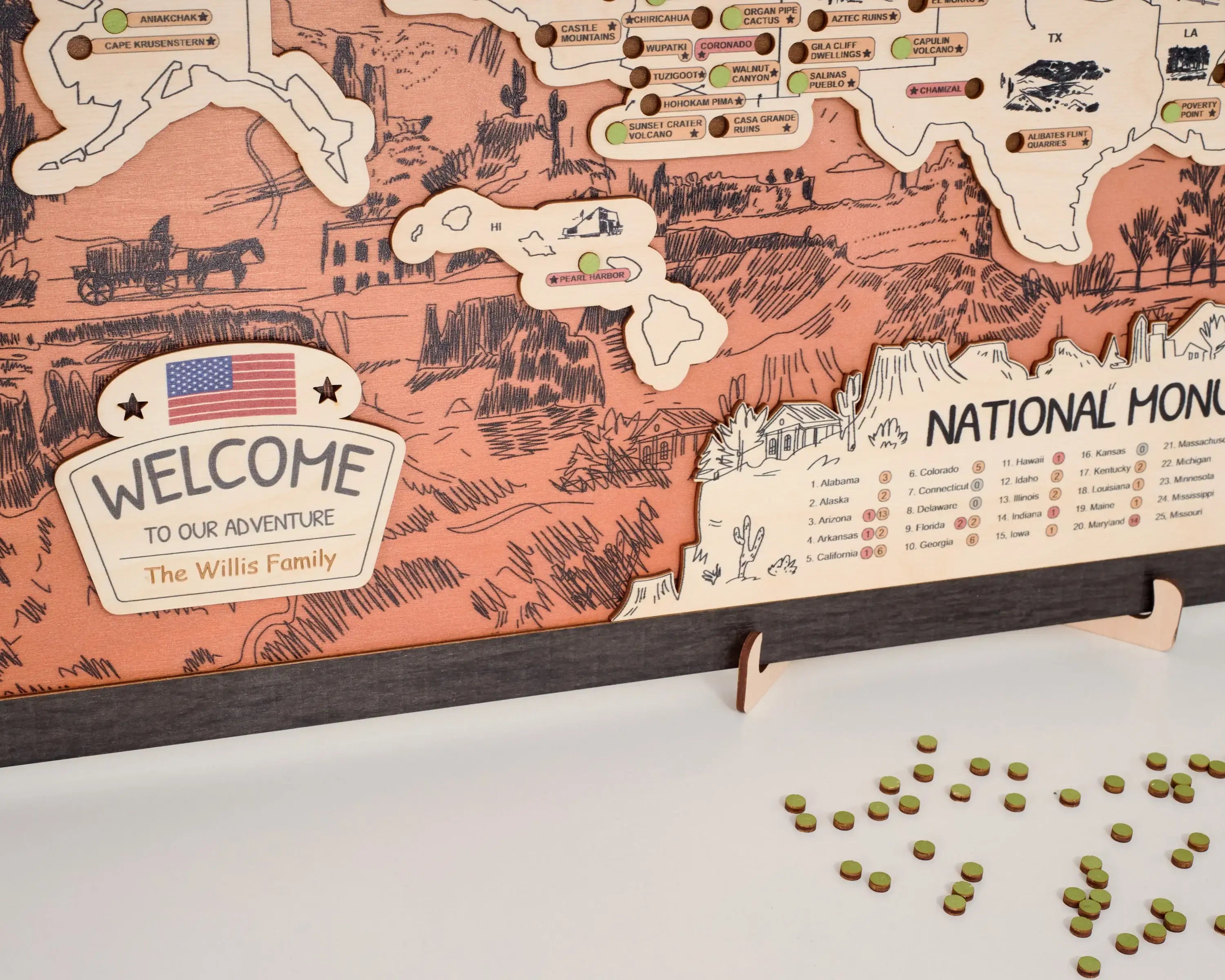 US Wooden National Monuments & Memorials Travel Map With Pins To Record Visits (Orange Design)