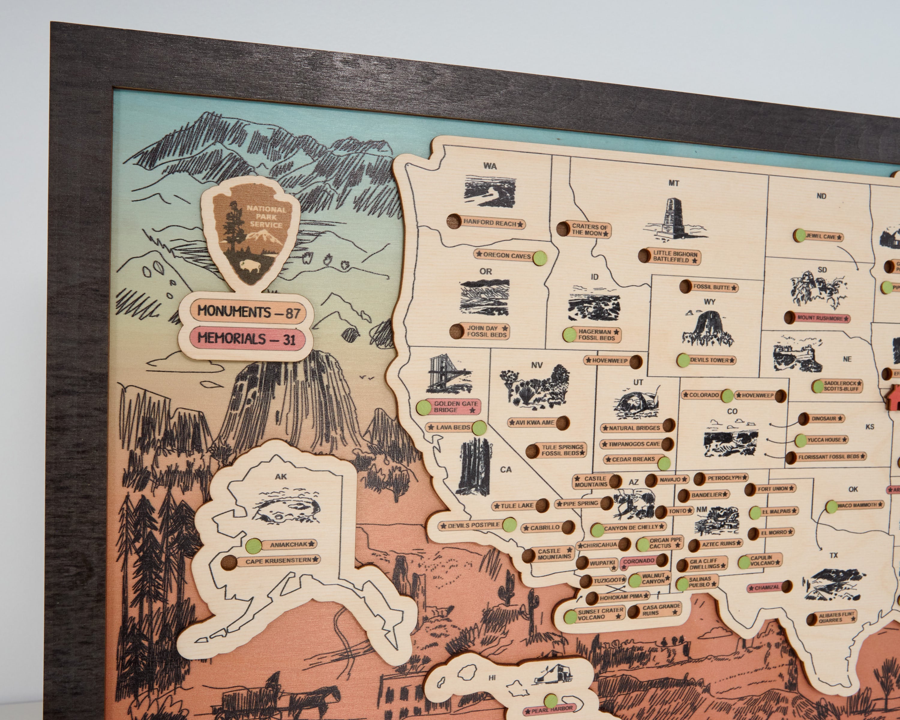 US Wooden National Monuments & Memorials Travel Map With Pins To Record Visits (Orange Design)