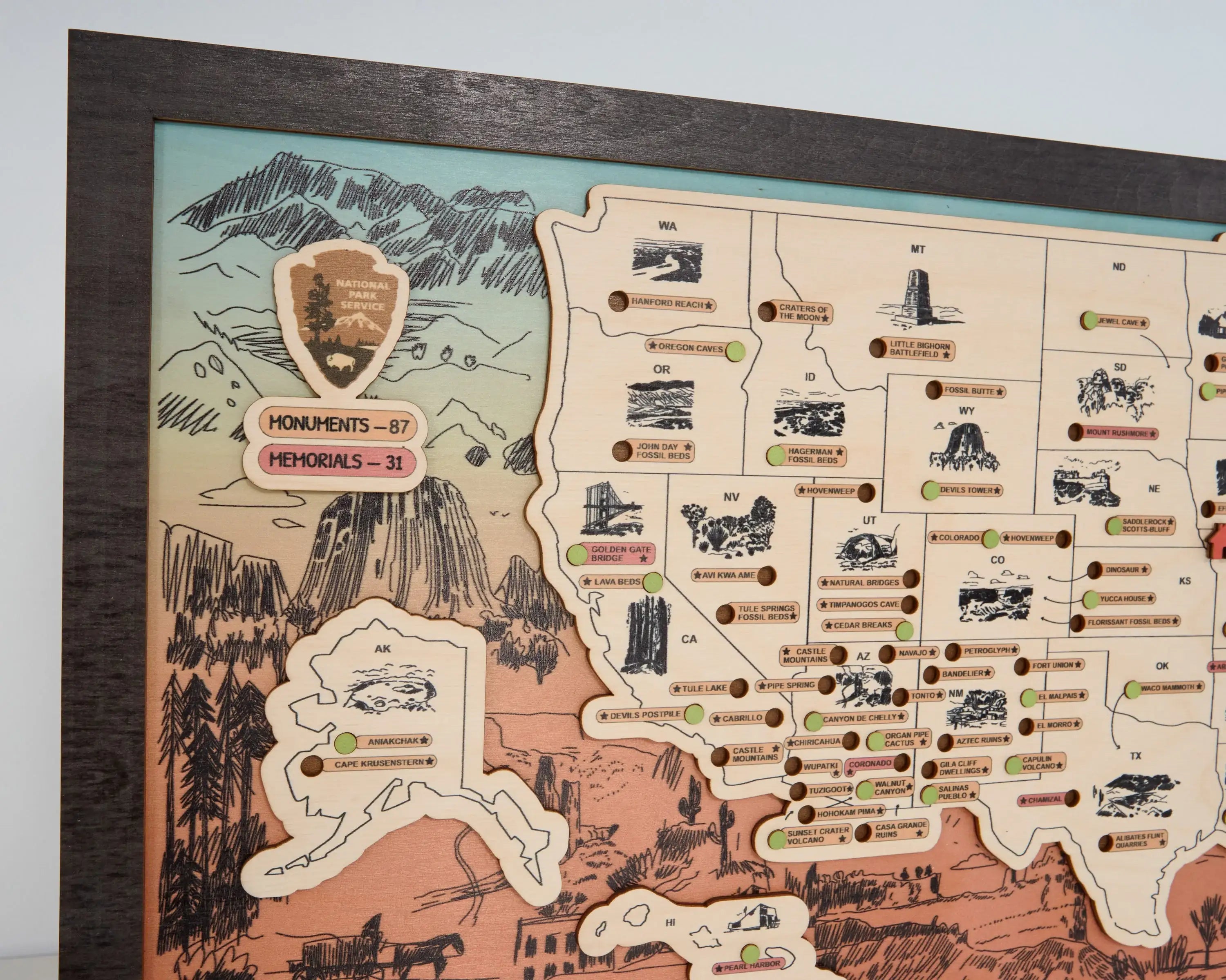 US Wooden National Monuments & Memorials Travel Map With Pins To Record Visits (Orange Design)
