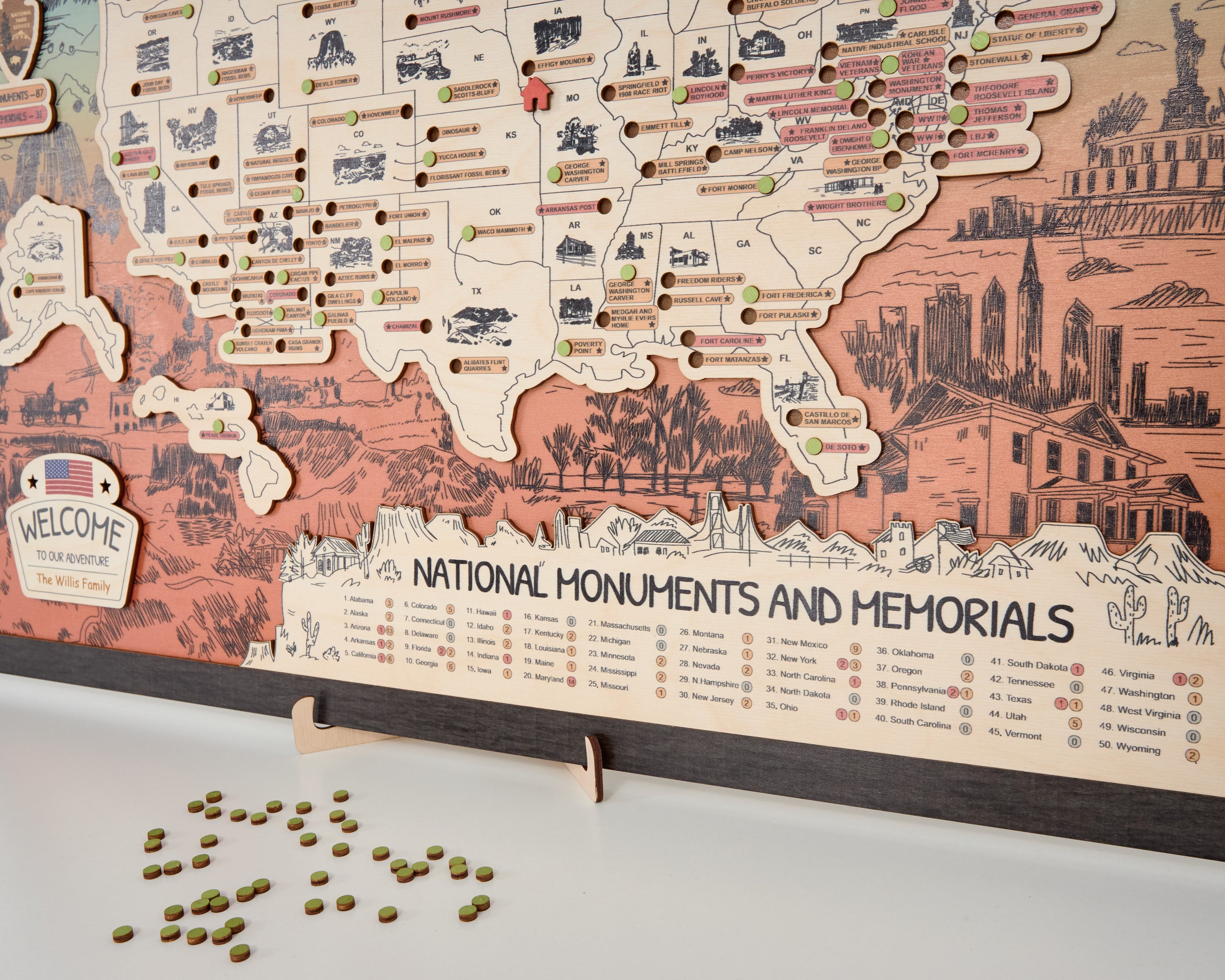 US Wooden National Monuments & Memorials Travel Map With Pins To Record Visits (Orange Design)
