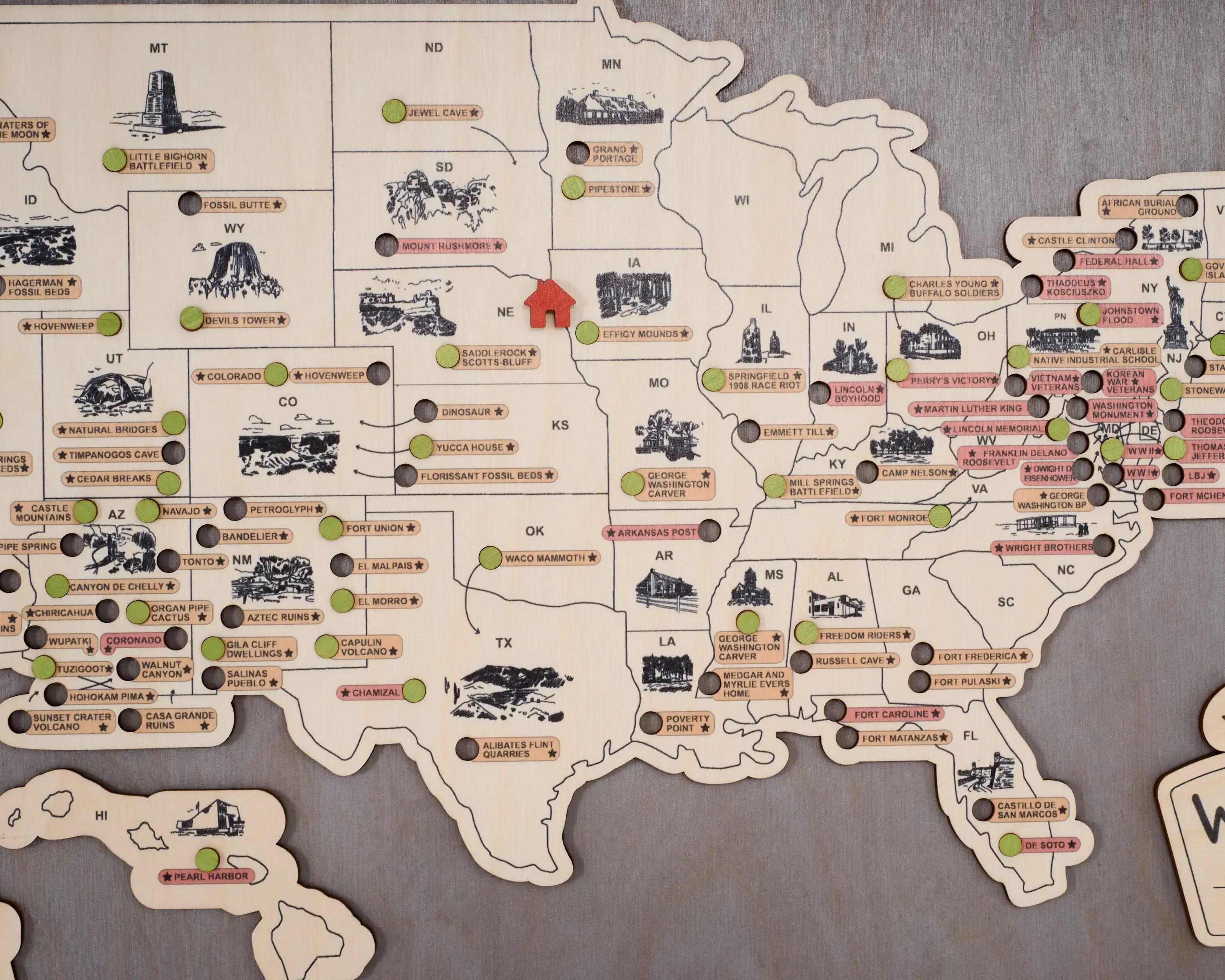 US Wooden National Monuments & Memorials Travel Map With Pins To Record Visits (Light Grey)