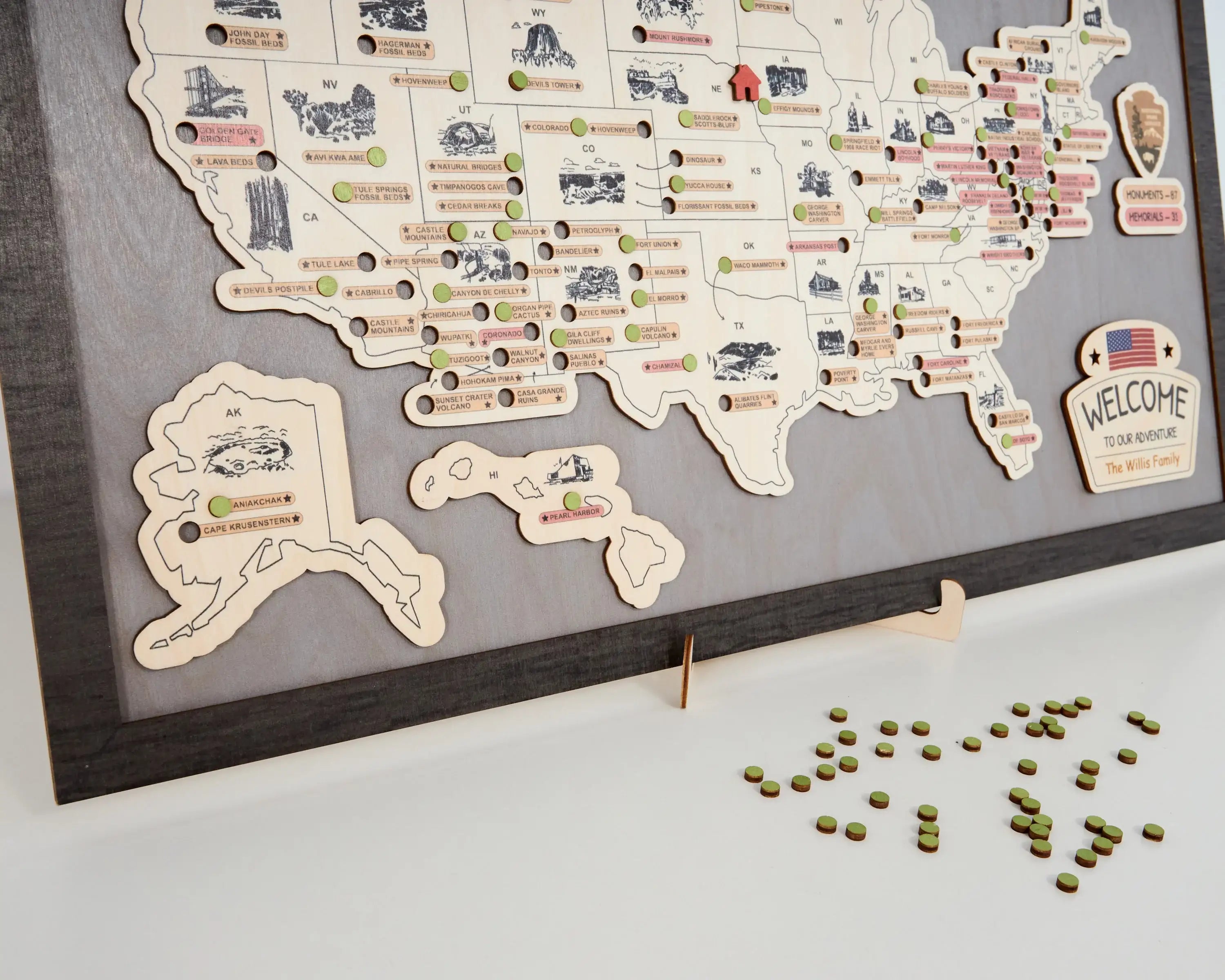 US Wooden National Monuments & Memorials Travel Map With Pins To Record Visits (Light Grey)