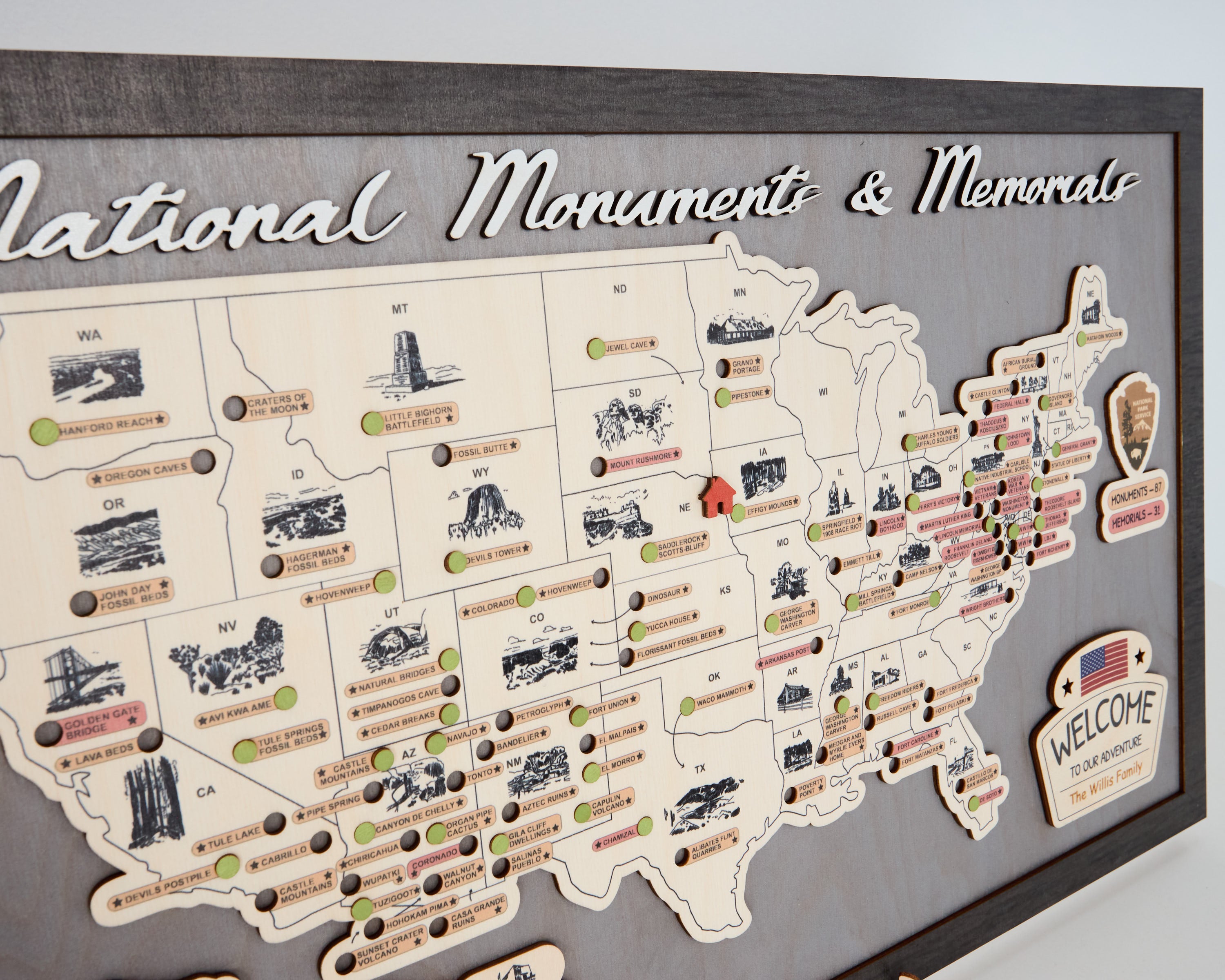 US Wooden National Monuments & Memorials Travel Map With Pins To Record Visits (Light Grey)