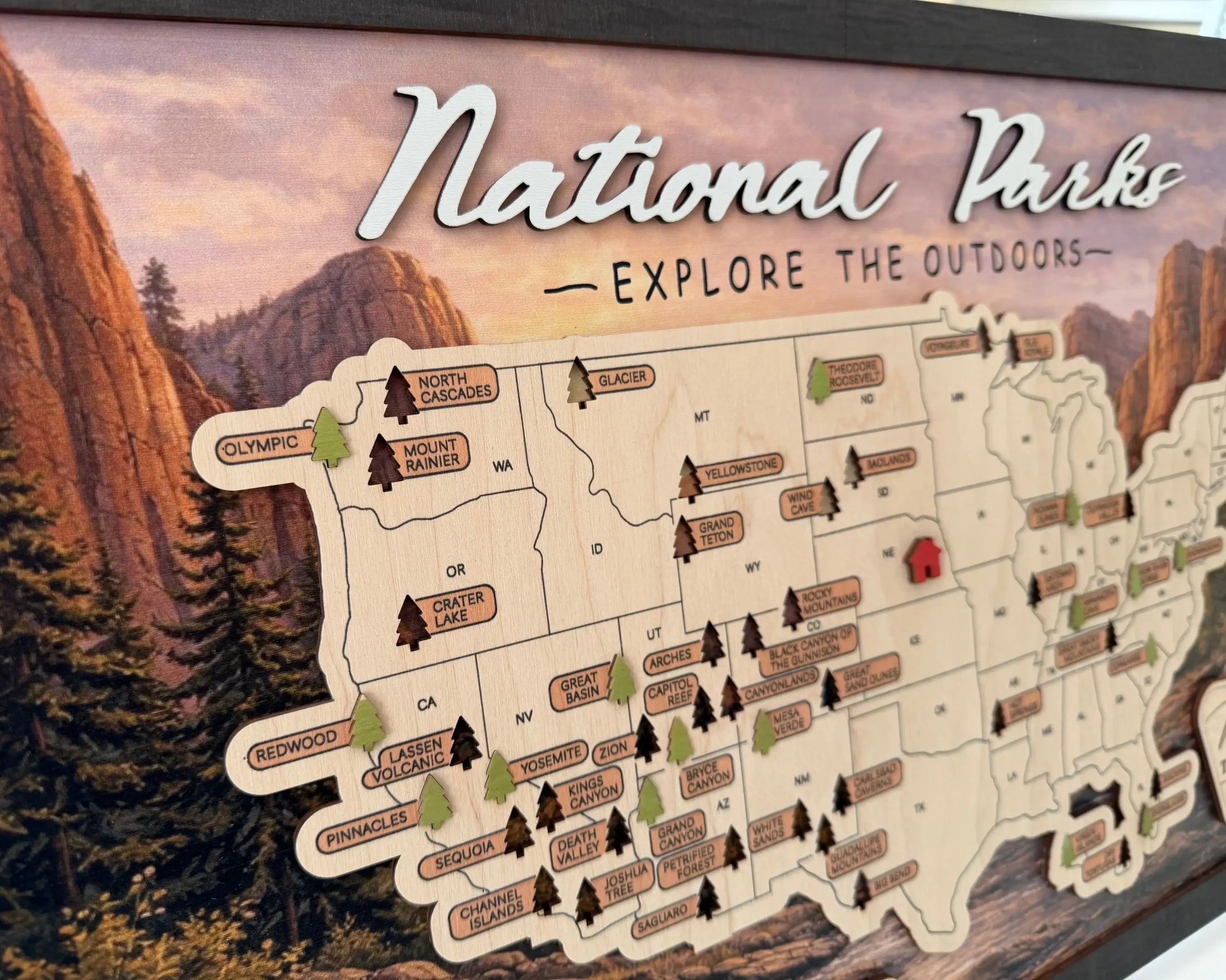 US National Parks Wooden Travel Map & Visit Tracker – Landscape Edition (Mountain sunset)