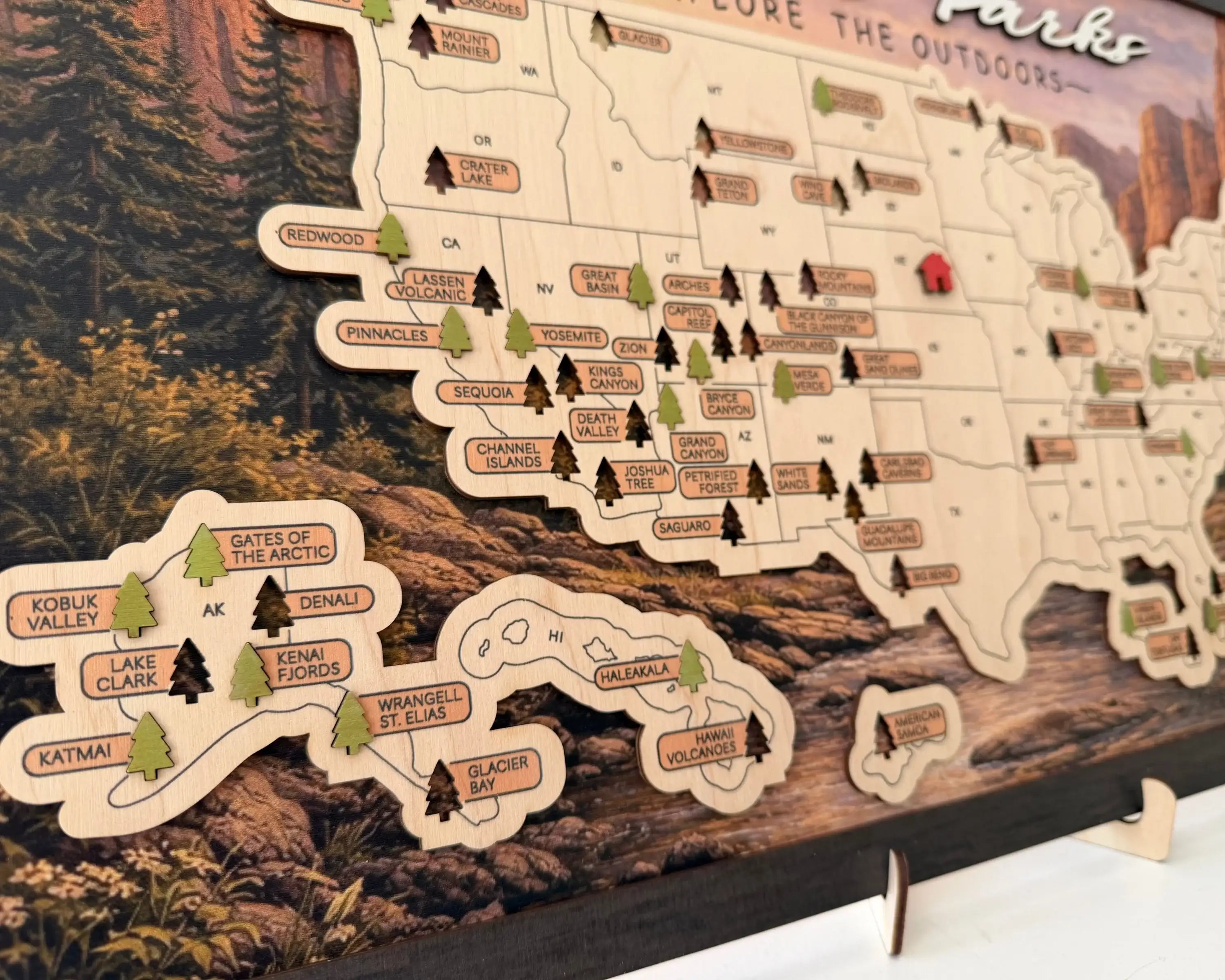 US National Parks Wooden Travel Map & Visit Tracker – Landscape Edition (Mountain sunset)