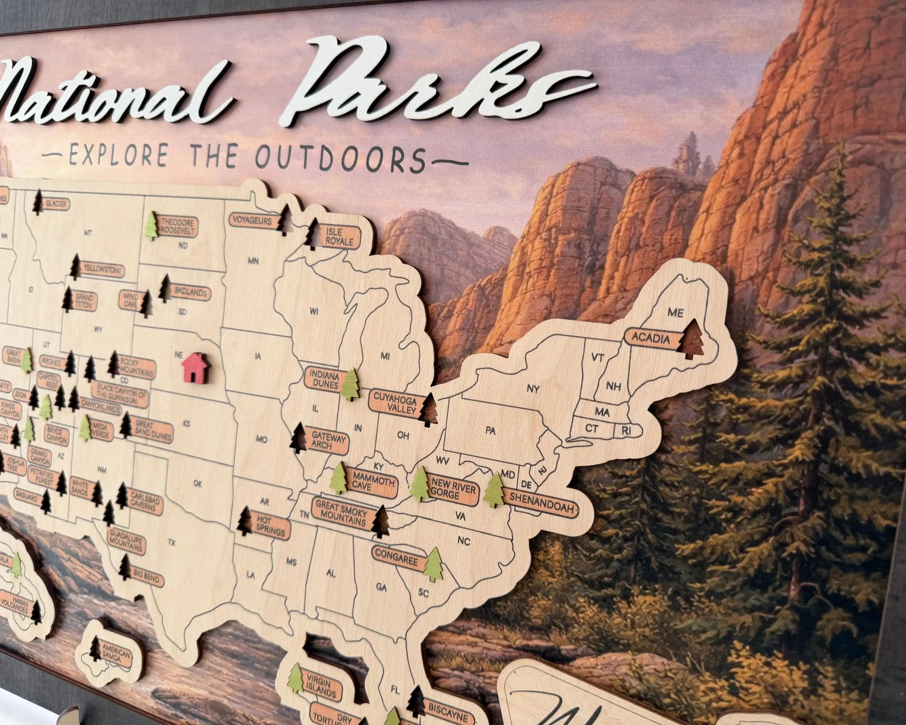 US National Parks Wooden Travel Map & Visit Tracker – Landscape Edition (Mountain sunset)