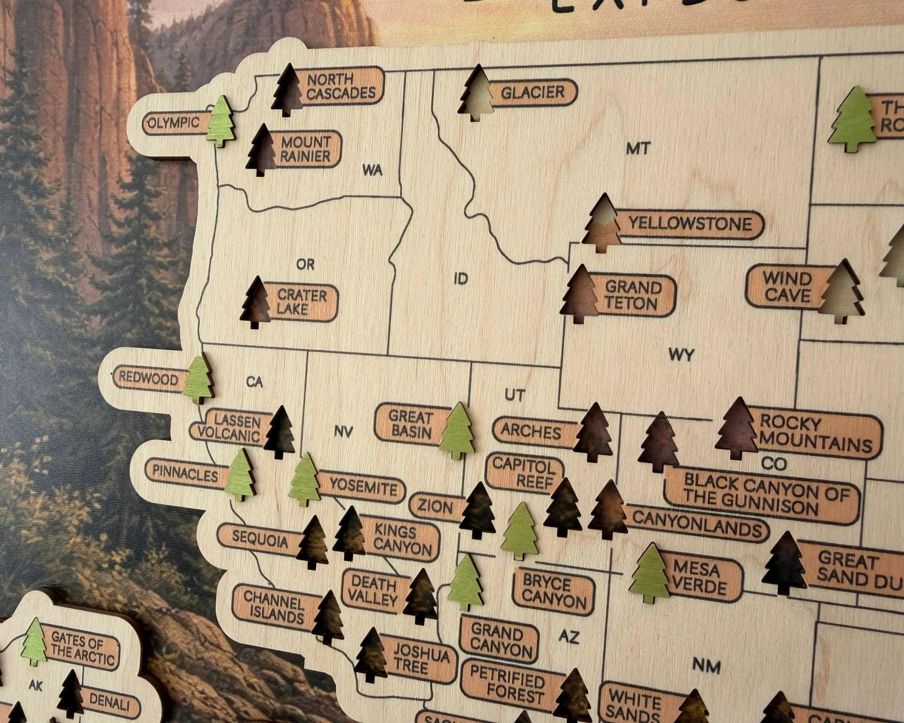 US National Parks Wooden Travel Map & Visit Tracker – Landscape Edition (Mountain sunset)
