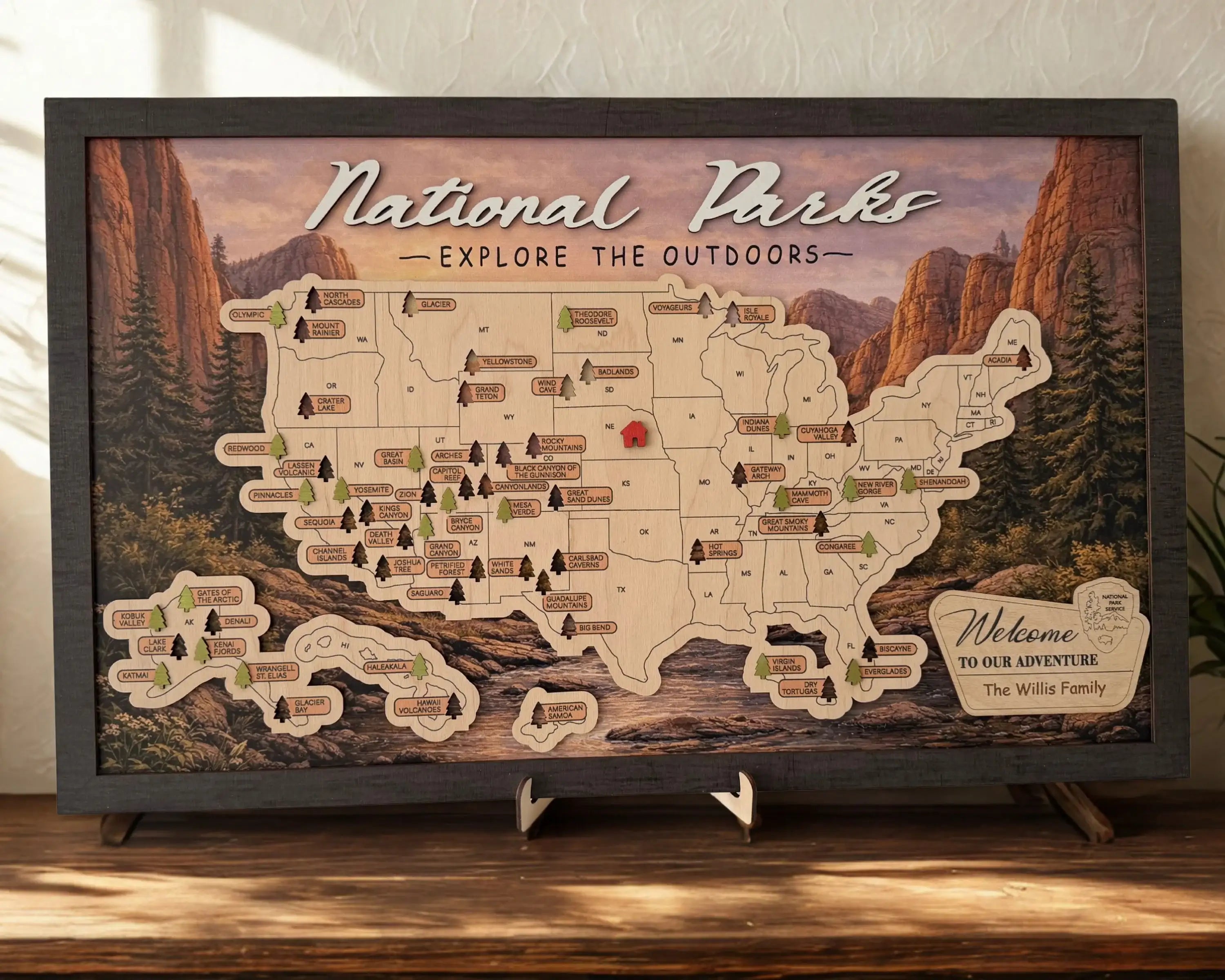 US National Parks Wooden Travel Map & Visit Tracker – Landscape Edition (Mountain sunset)